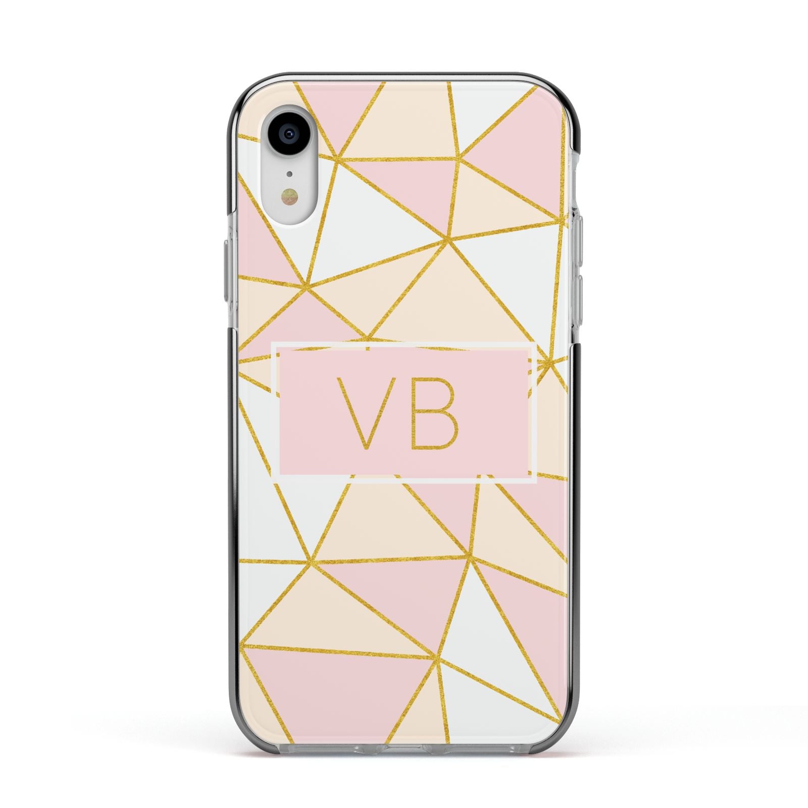 Personalised Gold Initials Geometric Apple iPhone XR Impact Case Black Edge on Silver Phone