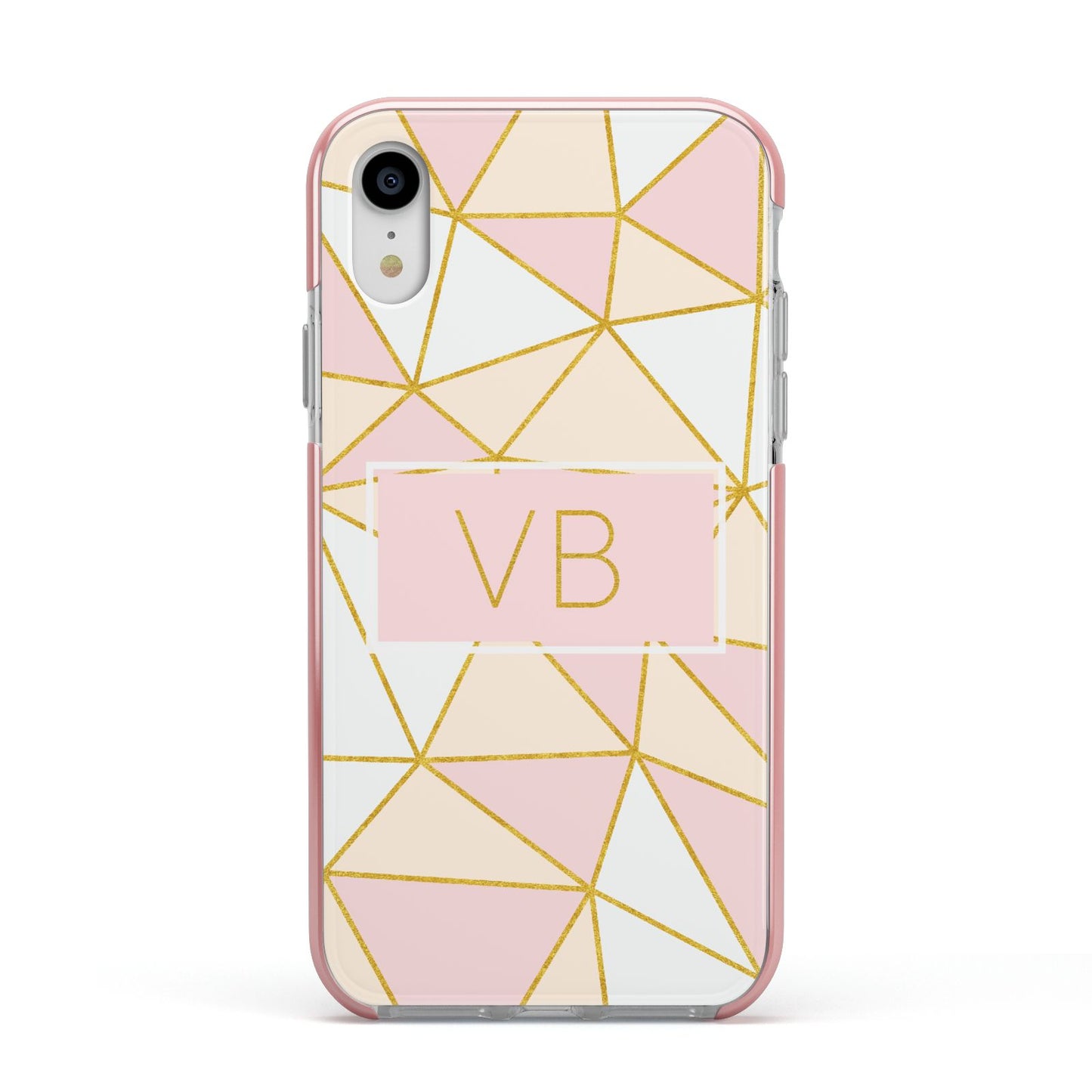 Personalised Gold Initials Geometric Apple iPhone XR Impact Case Pink Edge on Silver Phone