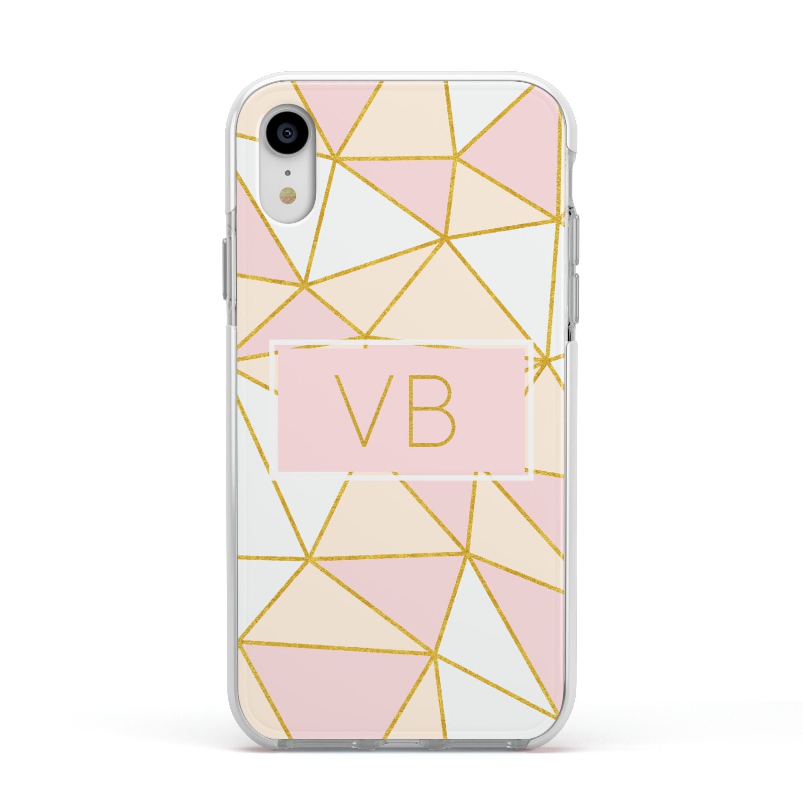 Personalised Gold Initials Geometric Apple iPhone XR Impact Case White Edge on Silver Phone