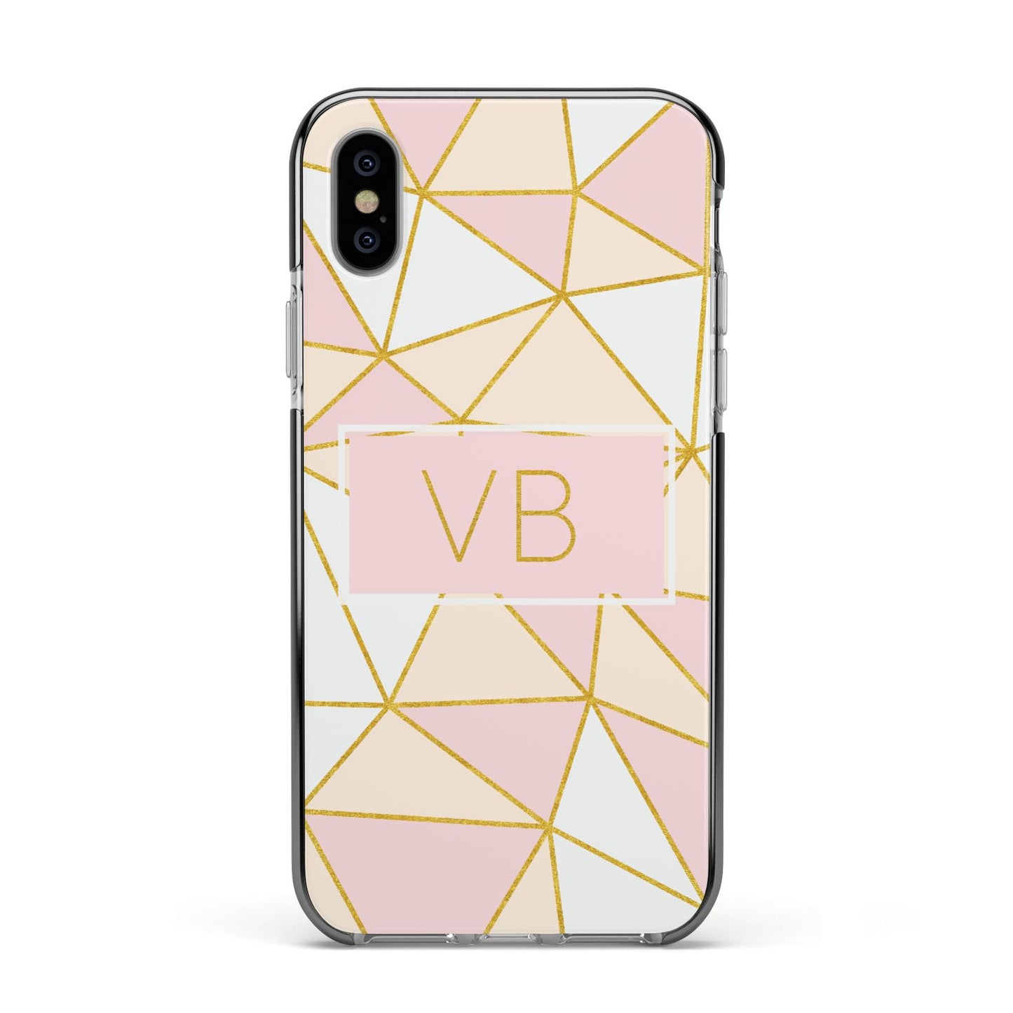 Personalised Gold Initials Geometric Apple iPhone Xs Impact Case Black Edge on Silver Phone