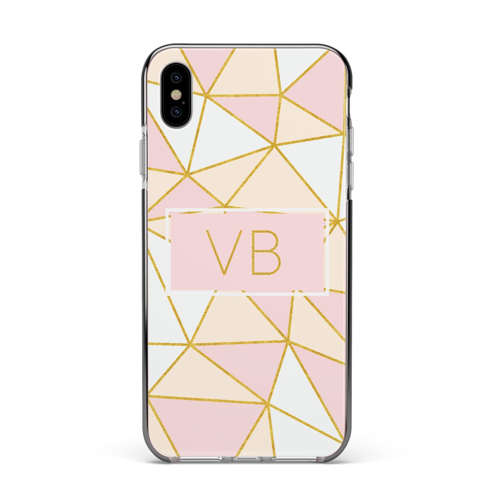 Personalised Gold Initials Geometric Apple iPhone Xs Max Impact Case Black Edge on Silver Phone