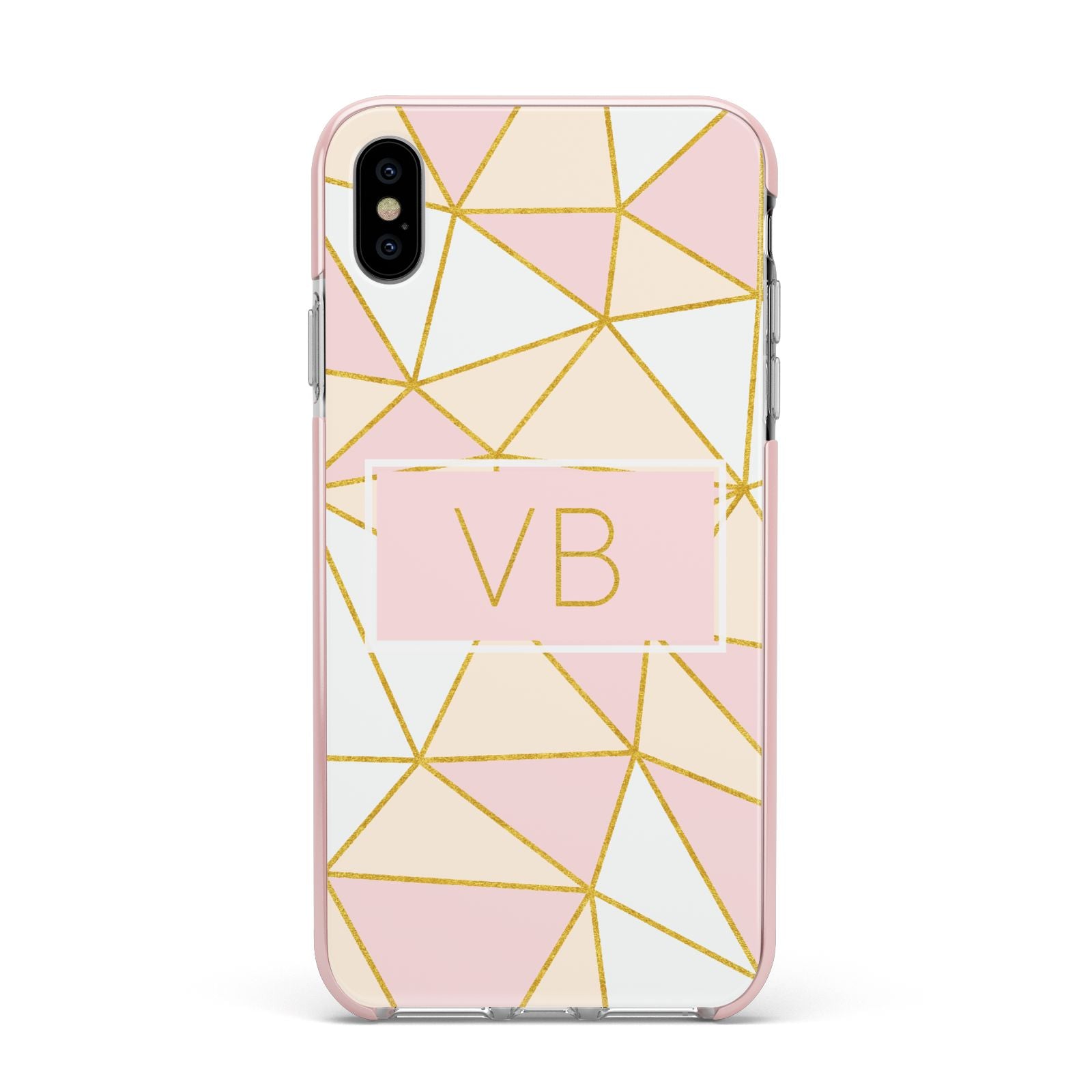 Personalised Gold Initials Geometric Apple iPhone Xs Max Impact Case Pink Edge on Silver Phone