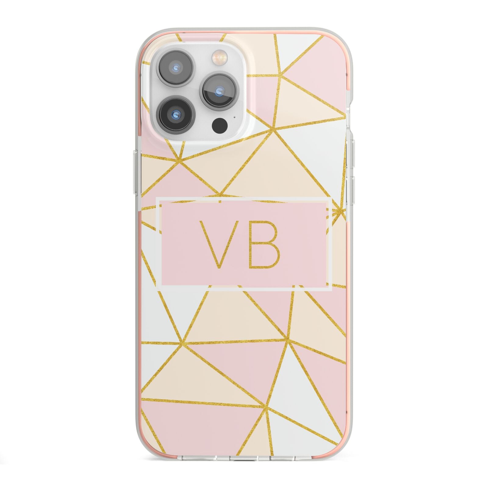 Personalised Gold Initials Geometric iPhone 13 Pro Max TPU Impact Case with Pink Edges
