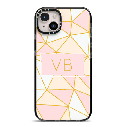 Personalised Gold Initials Geometric iPhone 14 Plus Black Impact Case on Silver phone