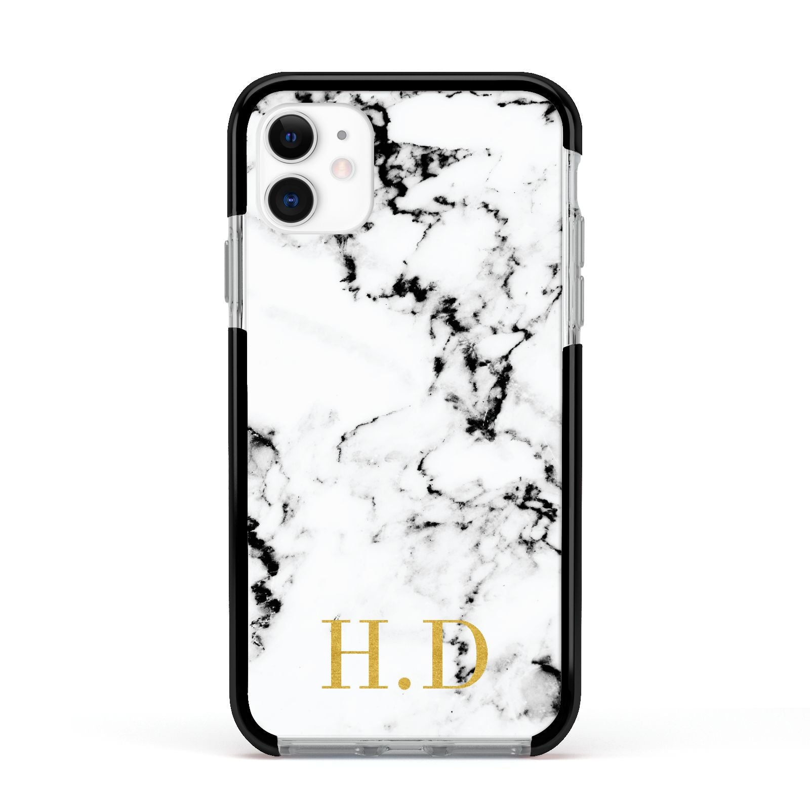 Personalised Gold Initials Marble New Apple iPhone 11 in White with Black Impact Case