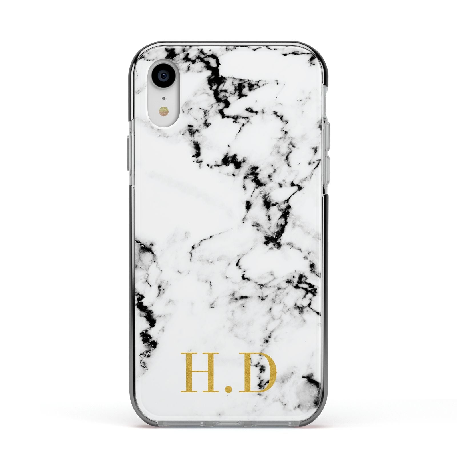 Personalised Gold Initials Marble New Apple iPhone XR Impact Case Black Edge on Silver Phone