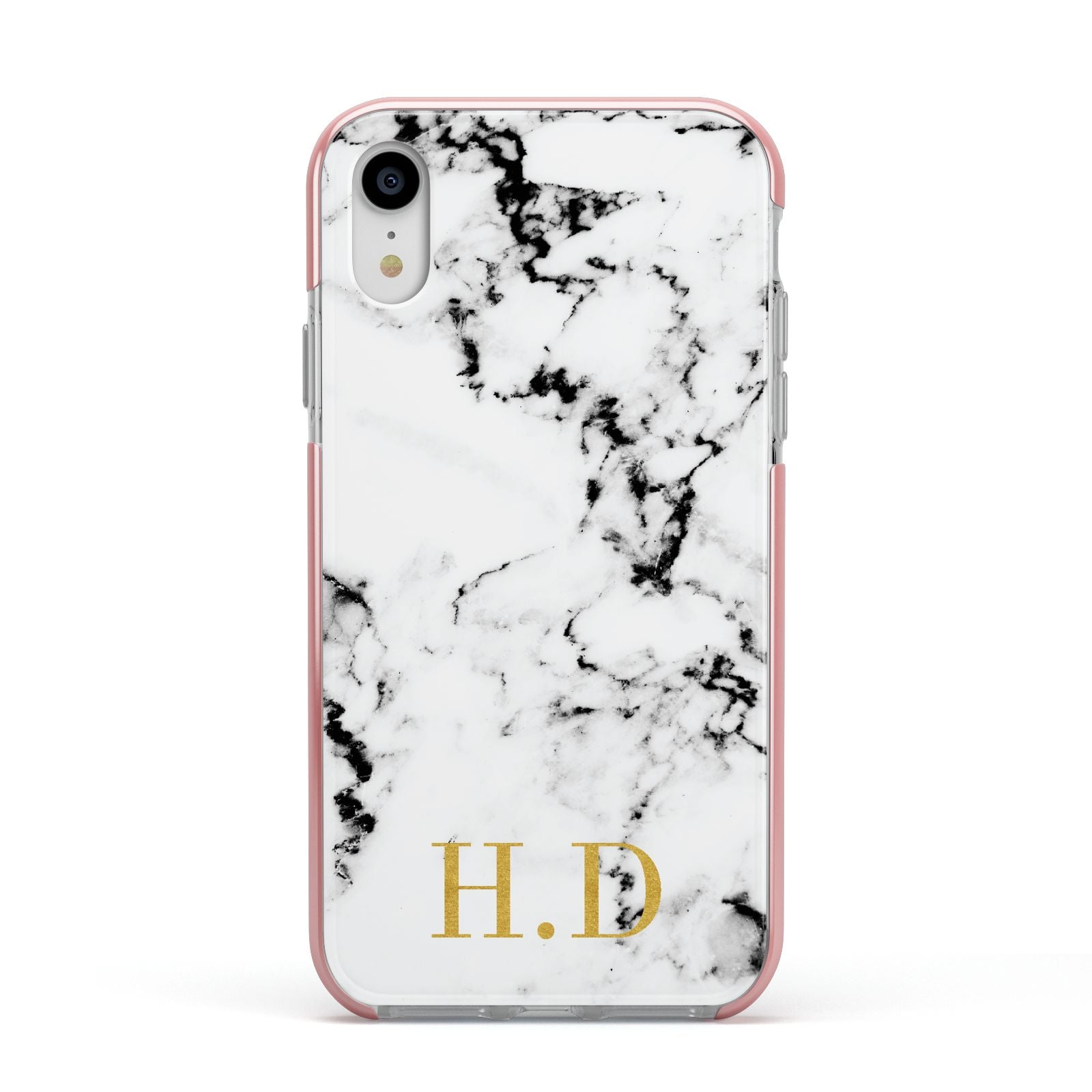 Personalised Gold Initials Marble New Apple iPhone XR Impact Case Pink Edge on Silver Phone