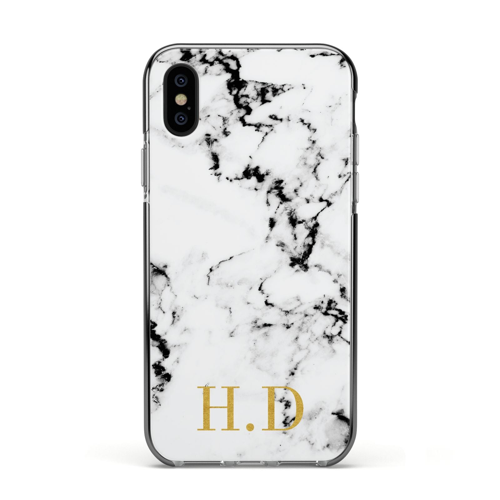 Personalised Gold Initials Marble New Apple iPhone Xs Impact Case Black Edge on Black Phone