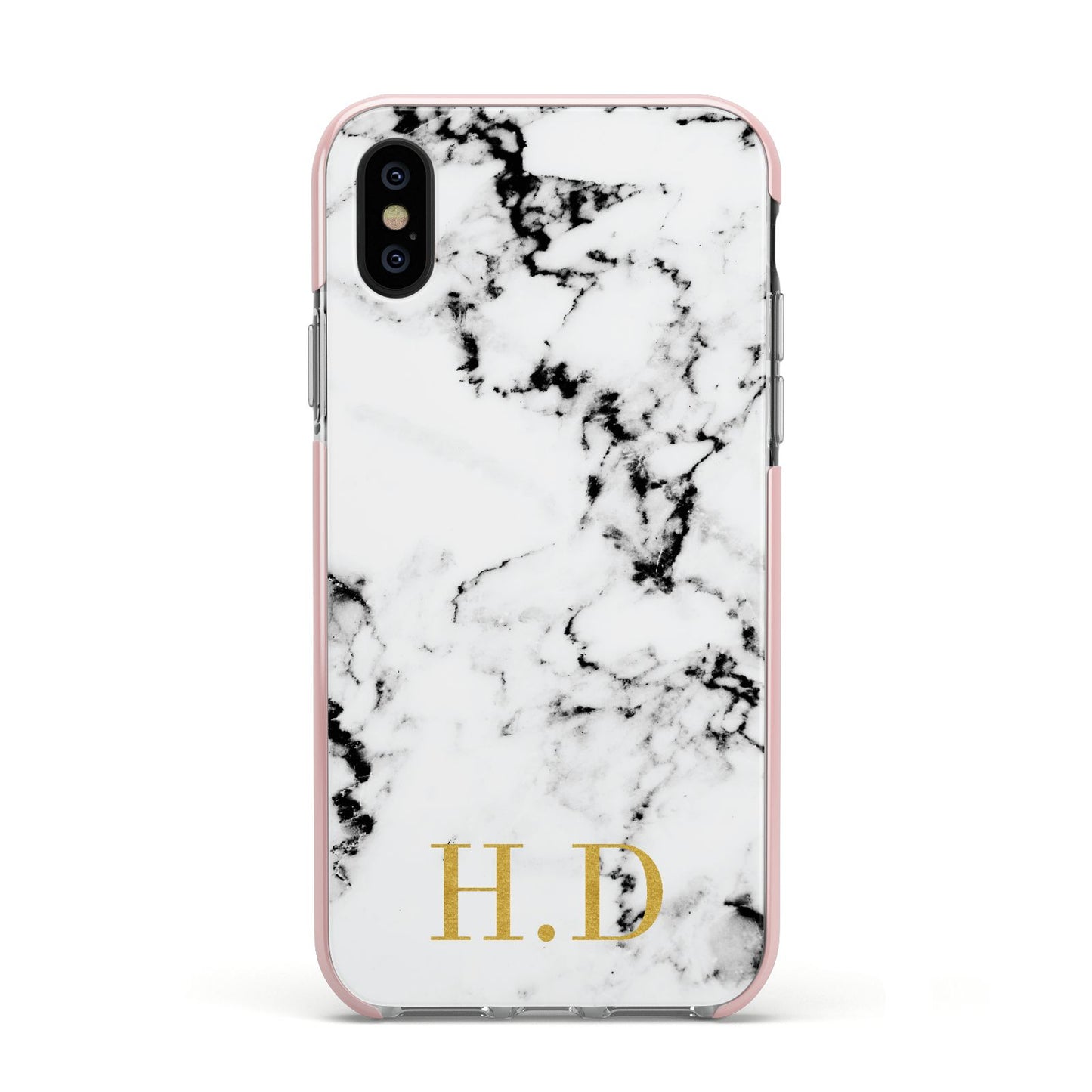 Personalised Gold Initials Marble New Apple iPhone Xs Impact Case Pink Edge on Black Phone