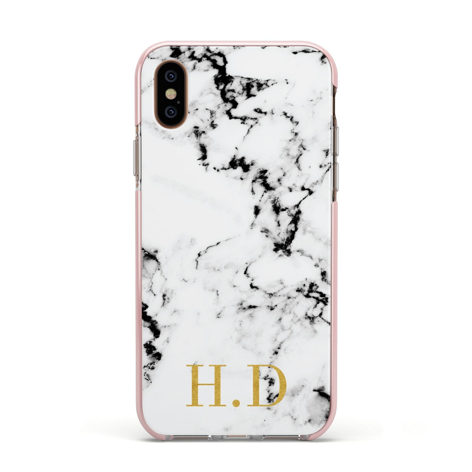 Personalised Gold Initials Marble New Apple iPhone Xs Impact Case Pink Edge on Gold Phone