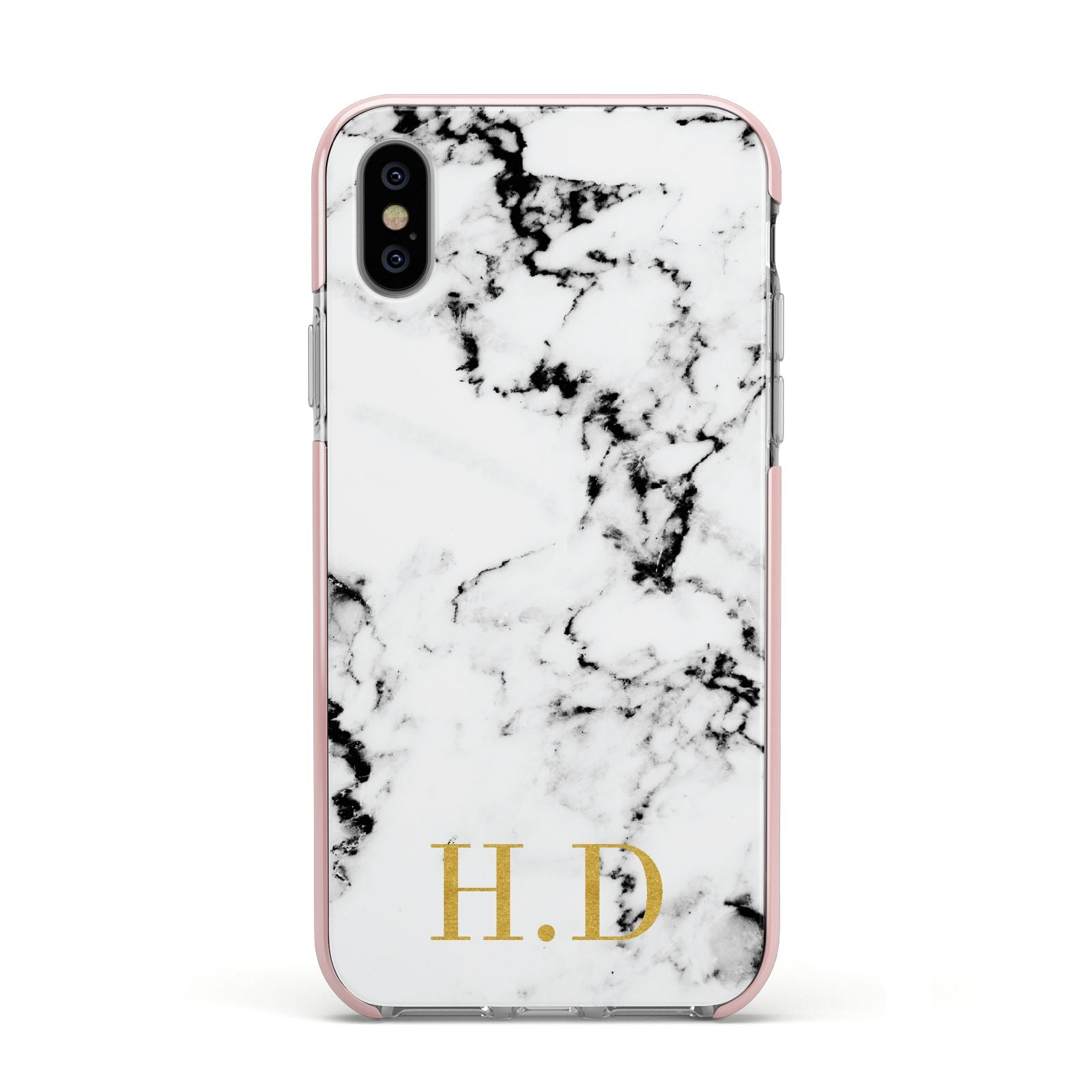 Personalised Gold Initials Marble New Apple iPhone Xs Impact Case Pink Edge on Silver Phone