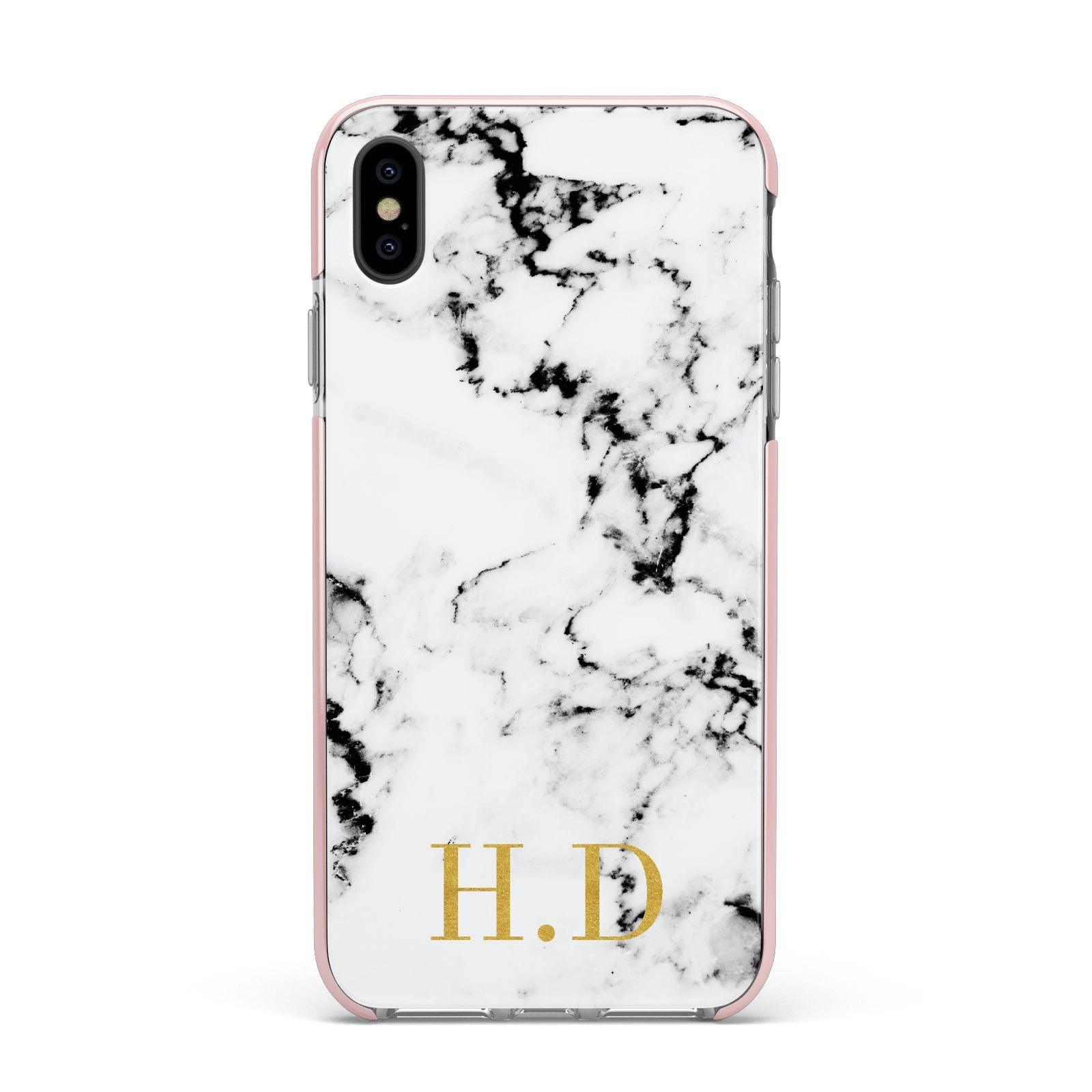Personalised Gold Initials Marble New Apple iPhone Xs Max Impact Case Pink Edge on Black Phone