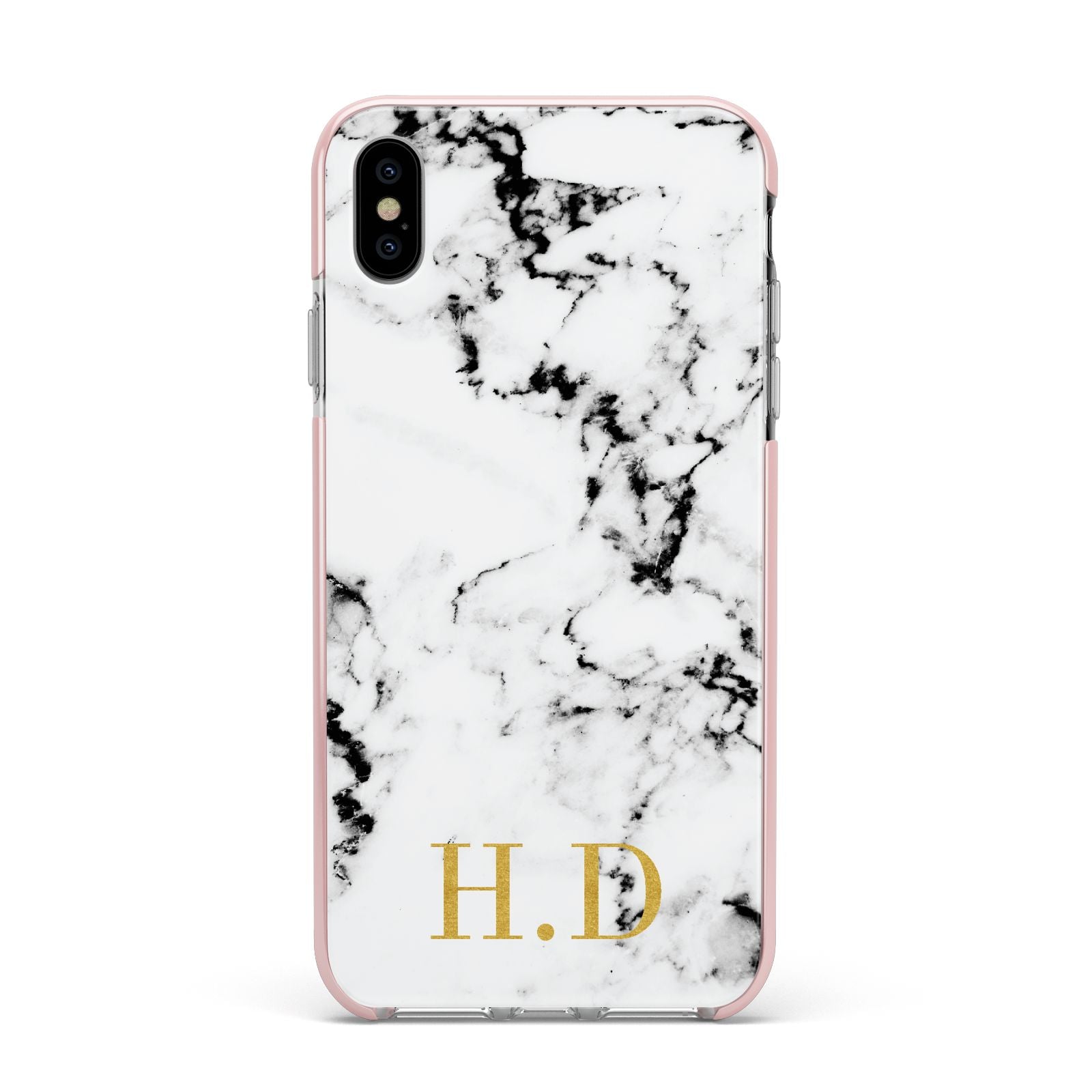 Personalised Gold Initials Marble New Apple iPhone Xs Max Impact Case Pink Edge on Silver Phone
