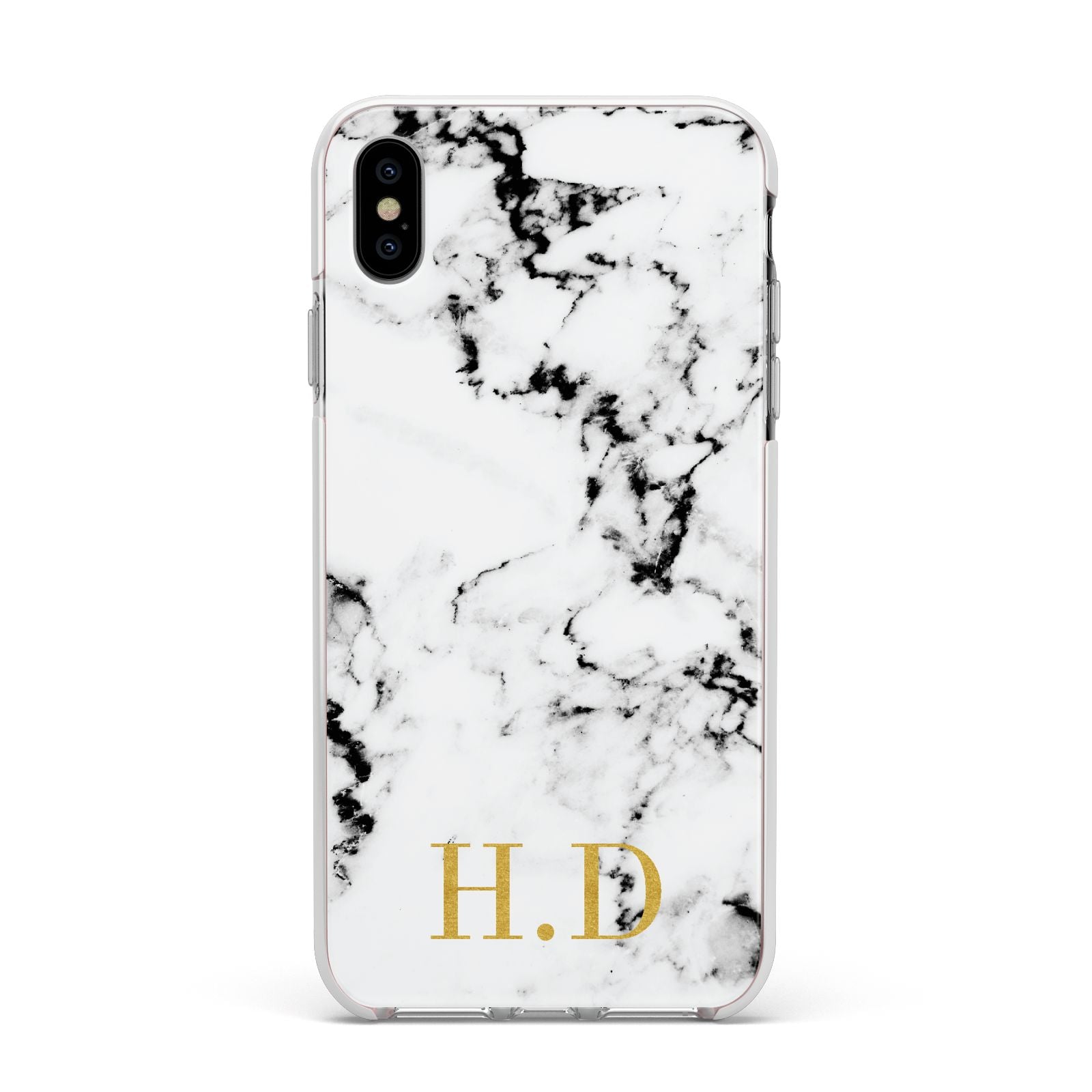 Personalised Gold Initials Marble New Apple iPhone Xs Max Impact Case White Edge on Silver Phone
