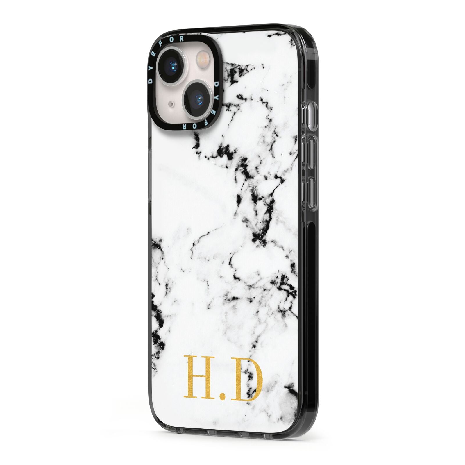 Personalised Gold Initials Marble New iPhone 13 Black Impact Case Side Angle on Silver phone