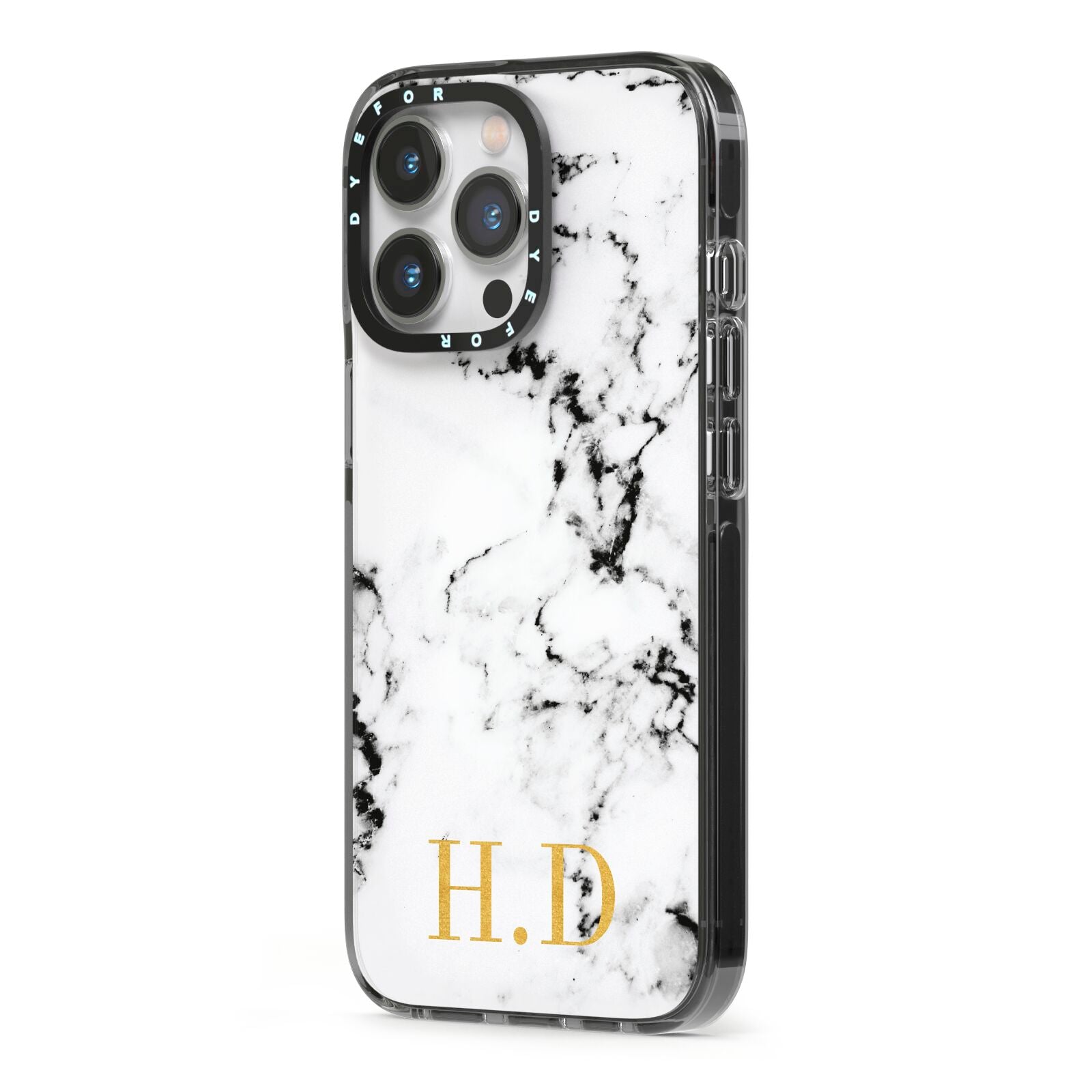 Personalised Gold Initials Marble New iPhone 13 Pro Black Impact Case Side Angle on Silver phone