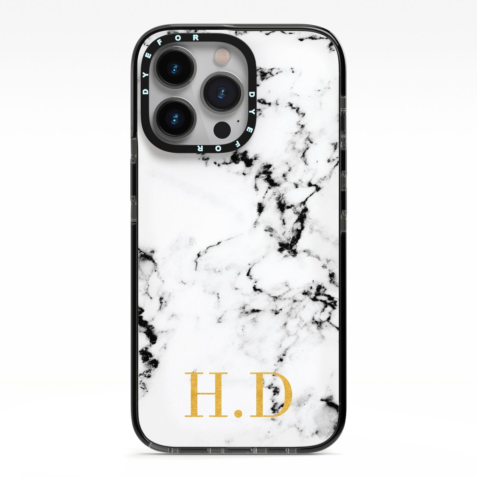 Personalised Gold Initials Marble New iPhone 13 Pro Black Impact Case on Silver phone