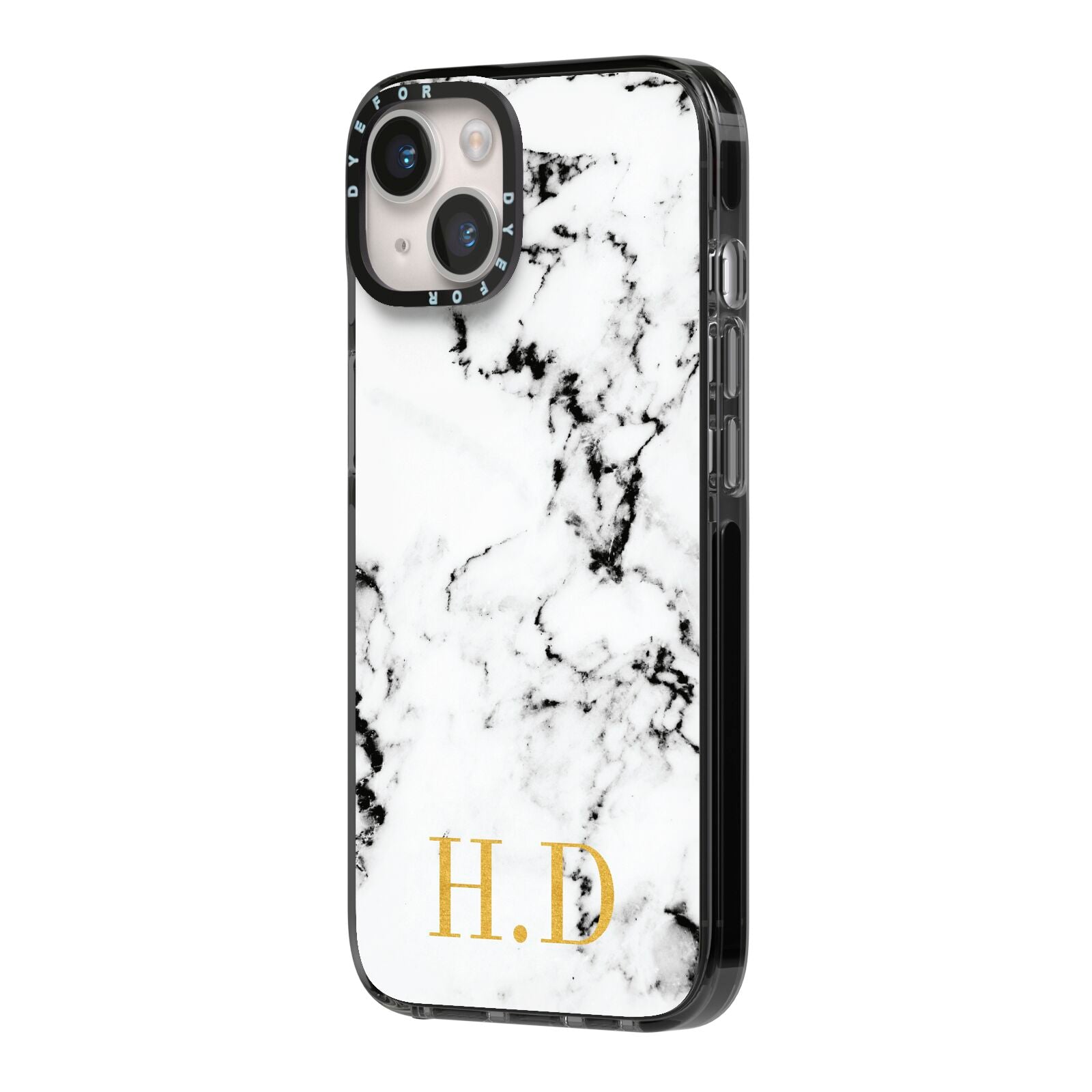 Personalised Gold Initials Marble New iPhone 14 Black Impact Case Side Angle on Silver phone