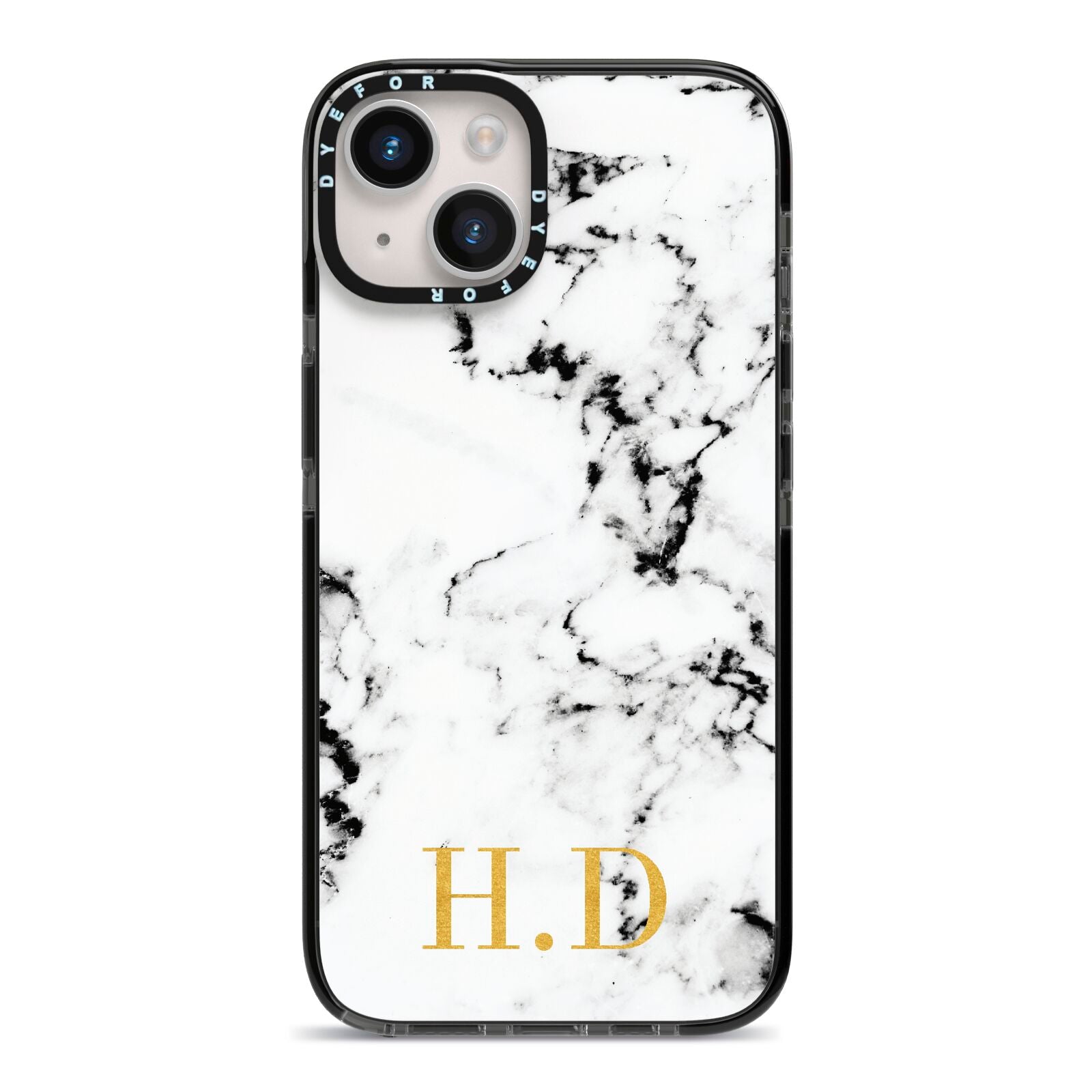 Personalised Gold Initials Marble New iPhone 14 Black Impact Case on Silver phone