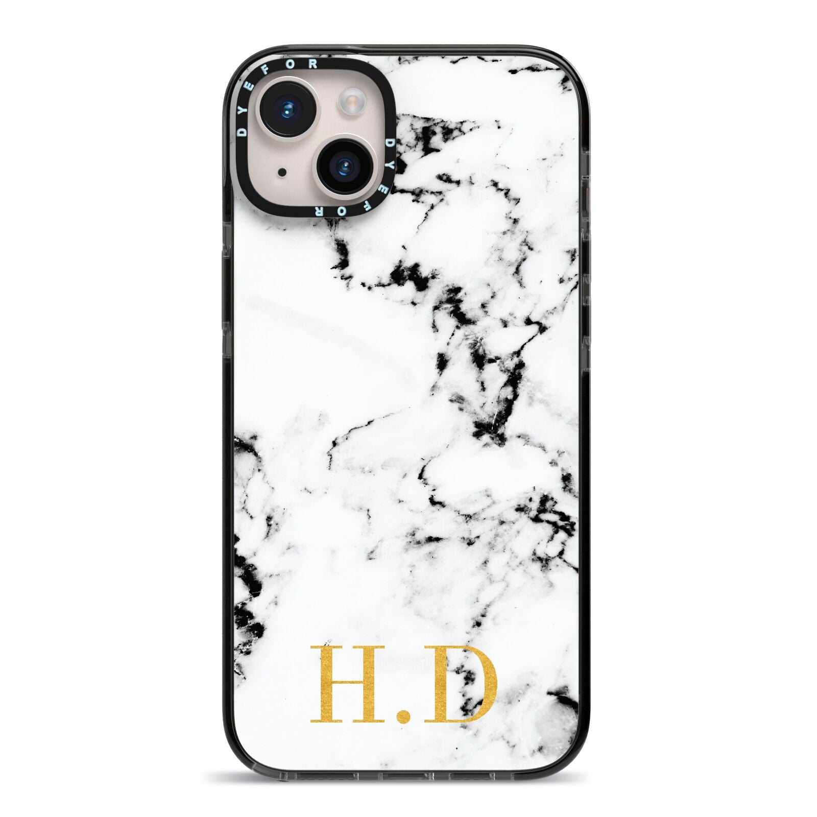 Personalised Gold Initials Marble New iPhone 14 Plus Black Impact Case on Silver phone