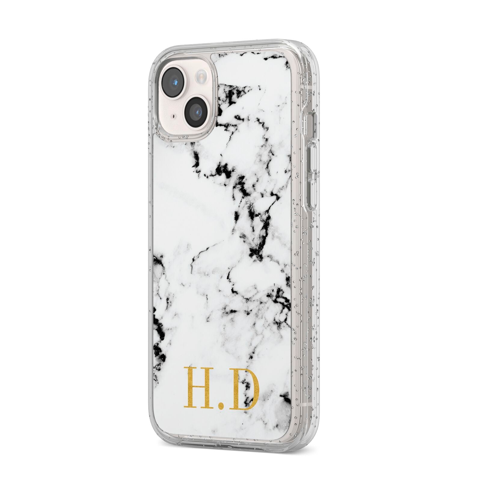 Personalised Gold Initials Marble New iPhone 14 Plus Glitter Tough Case Starlight Angled Image