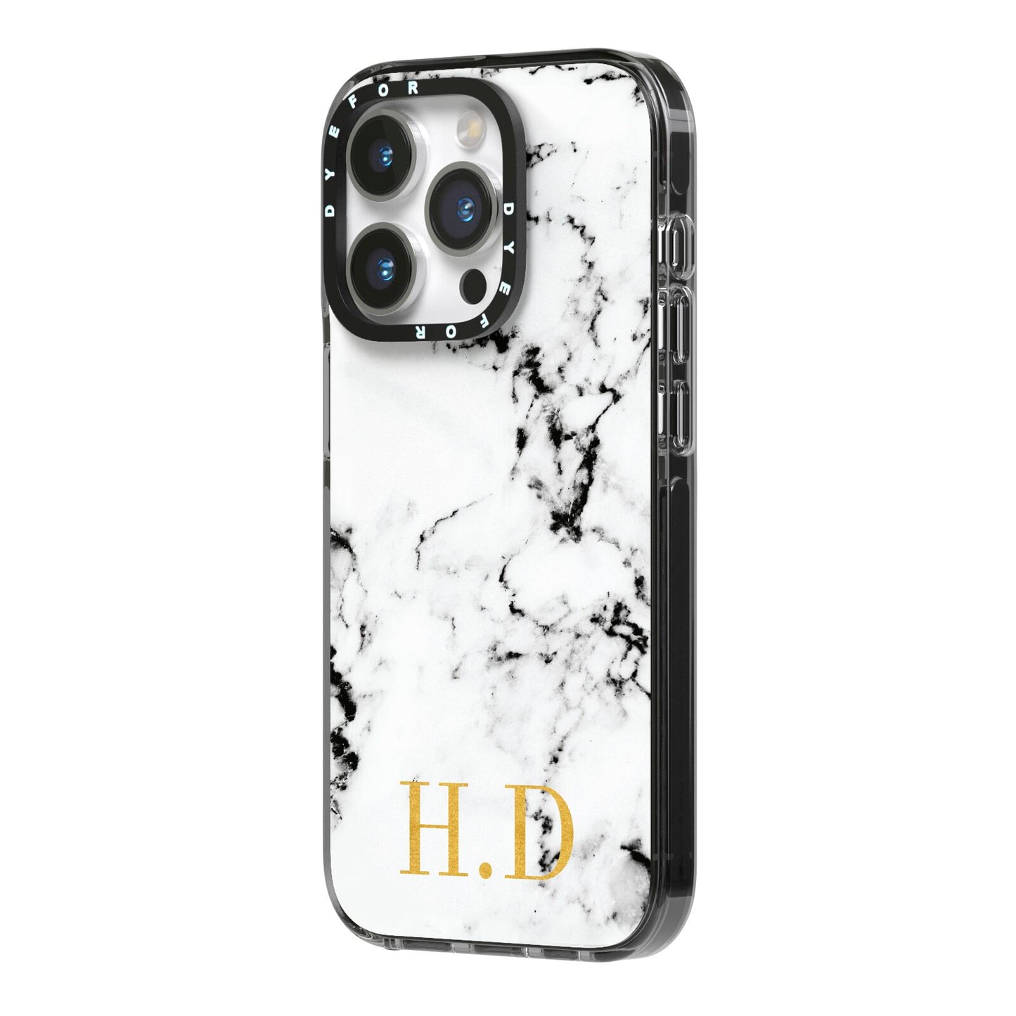 Personalised Gold Initials Marble New iPhone 14 Pro Black Impact Case Side Angle on Silver phone