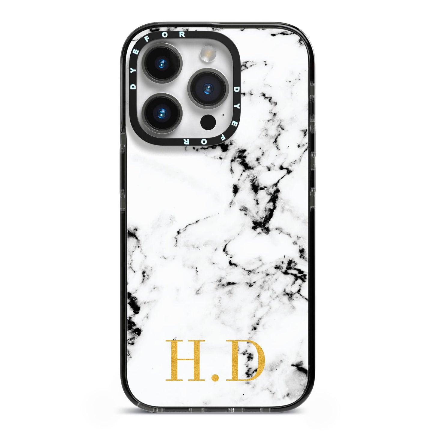 Personalised Gold Initials Marble New iPhone 14 Pro Black Impact Case on Silver phone