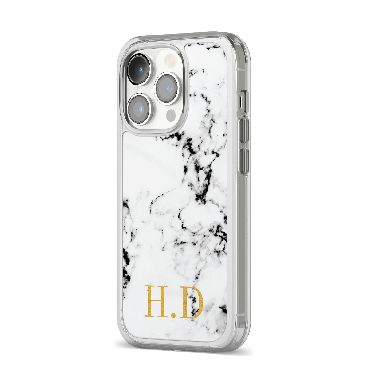 Personalised Gold Initials Marble New iPhone 14 Pro Clear Tough Case Silver Angled Image