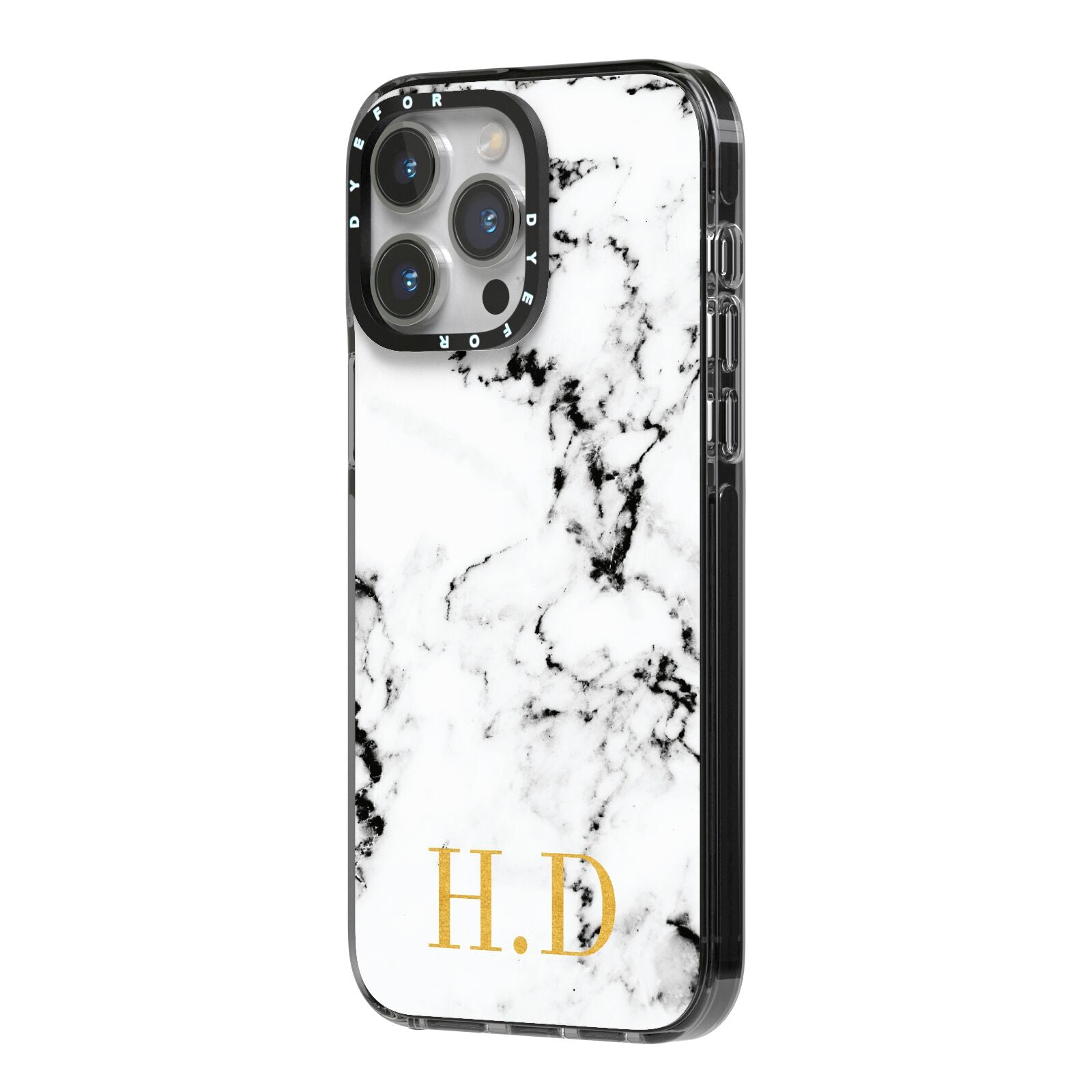 Personalised Gold Initials Marble New iPhone 14 Pro Max Black Impact Case Side Angle on Silver phone