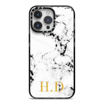 Personalised Gold Initials Marble New iPhone 14 Pro Max Black Impact Case on Silver phone