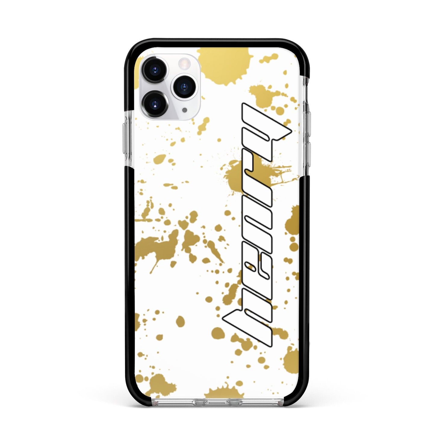 Personalised Gold Ink Splash Apple iPhone 11 Pro Max in Silver with Black Impact Case