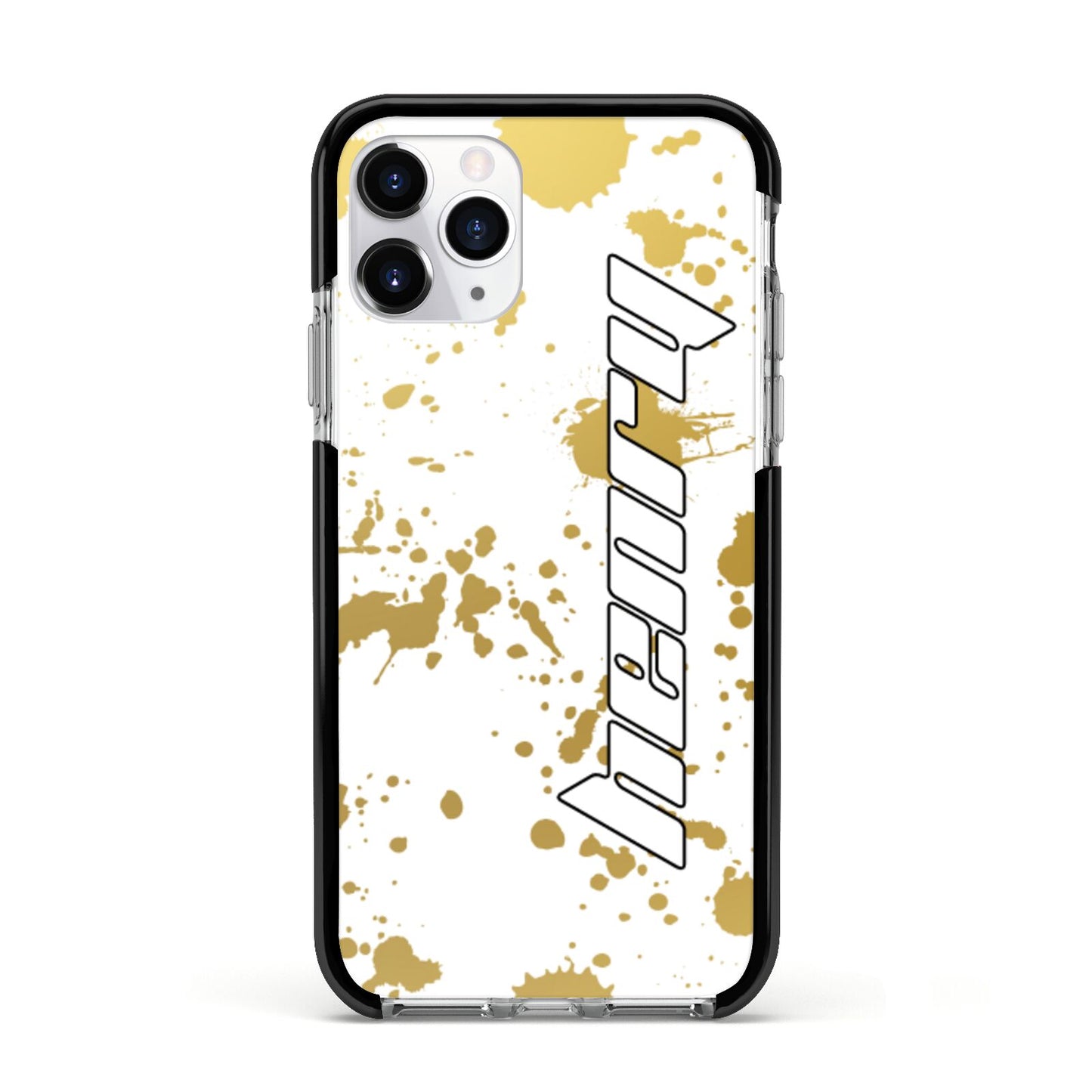 Personalised Gold Ink Splash Apple iPhone 11 Pro in Silver with Black Impact Case