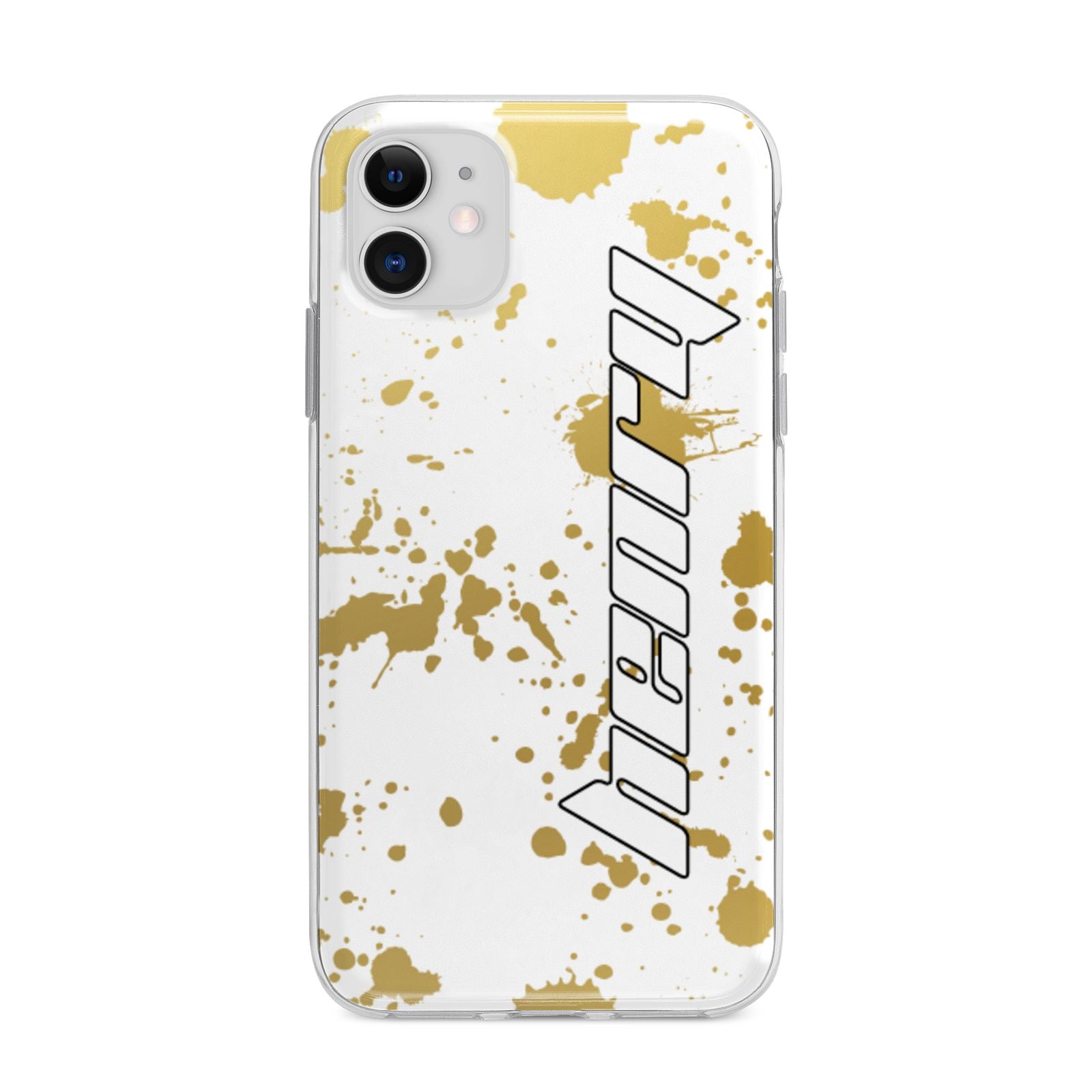 Personalised Gold Ink Splash Apple iPhone 11 in White with Bumper Case