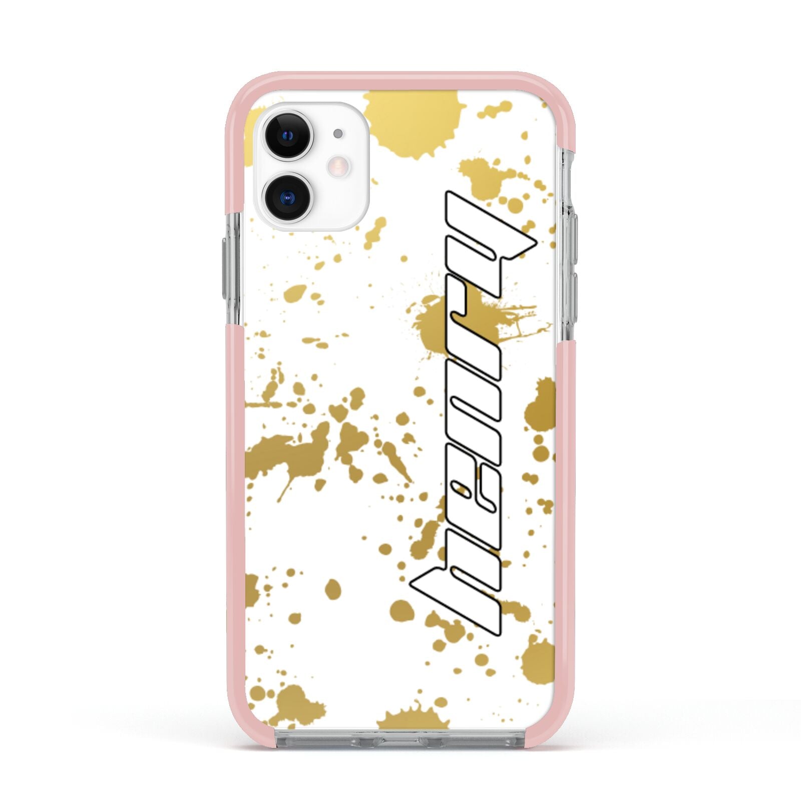 Personalised Gold Ink Splash Apple iPhone 11 in White with Pink Impact Case