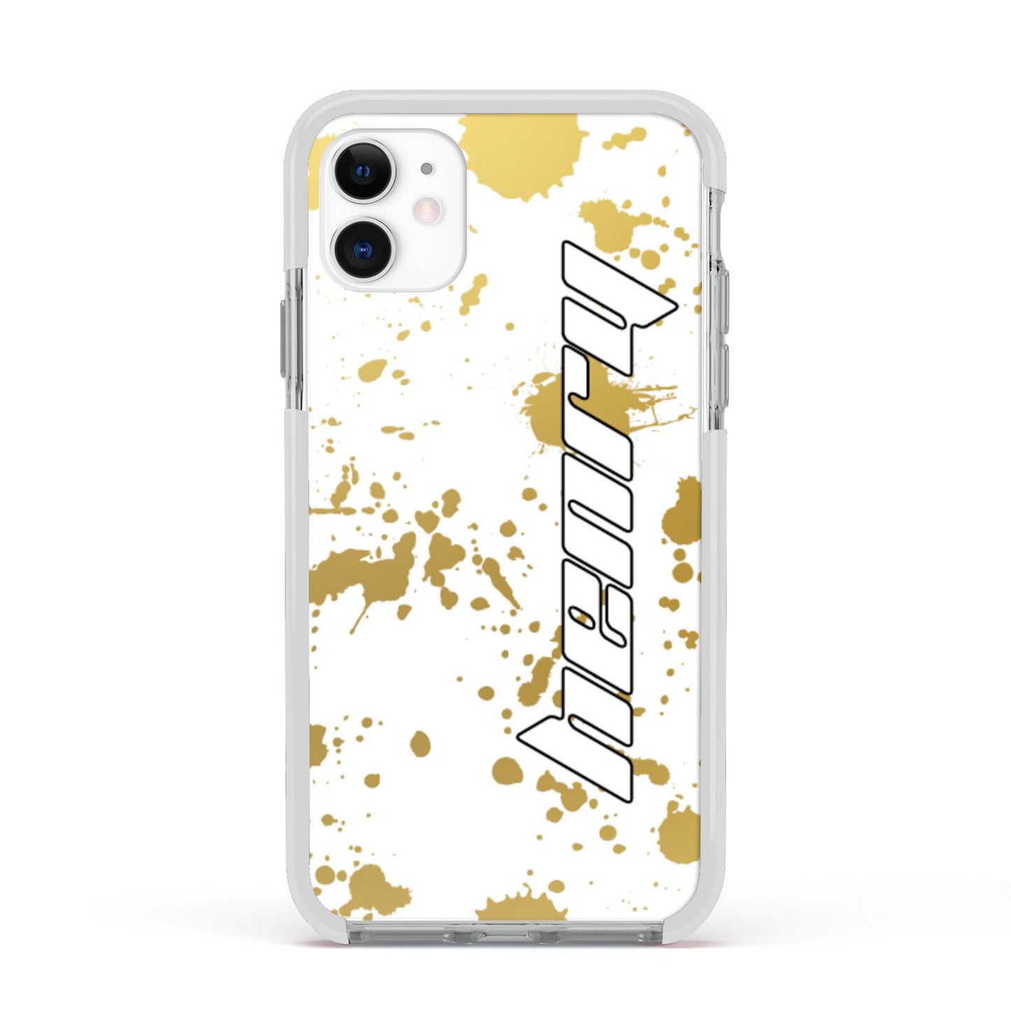 Personalised Gold Ink Splash Apple iPhone 11 in White with White Impact Case