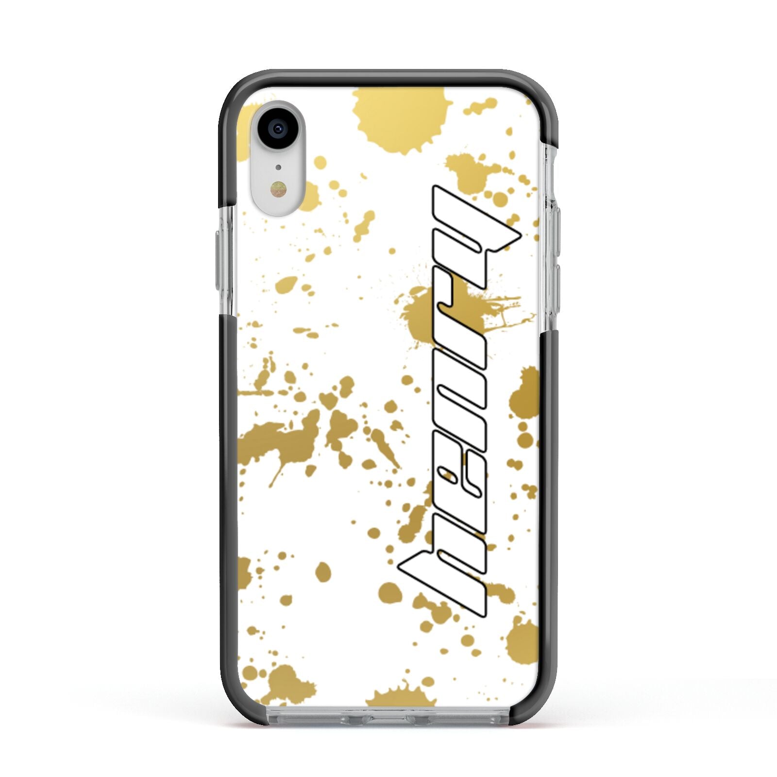 Personalised Gold Ink Splash Apple iPhone XR Impact Case Black Edge on Silver Phone