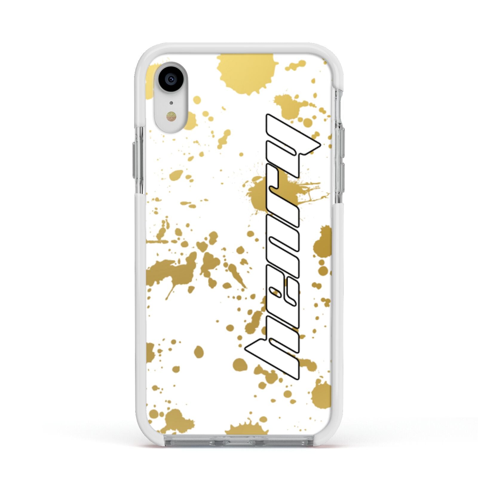 Personalised Gold Ink Splash Apple iPhone XR Impact Case White Edge on Silver Phone