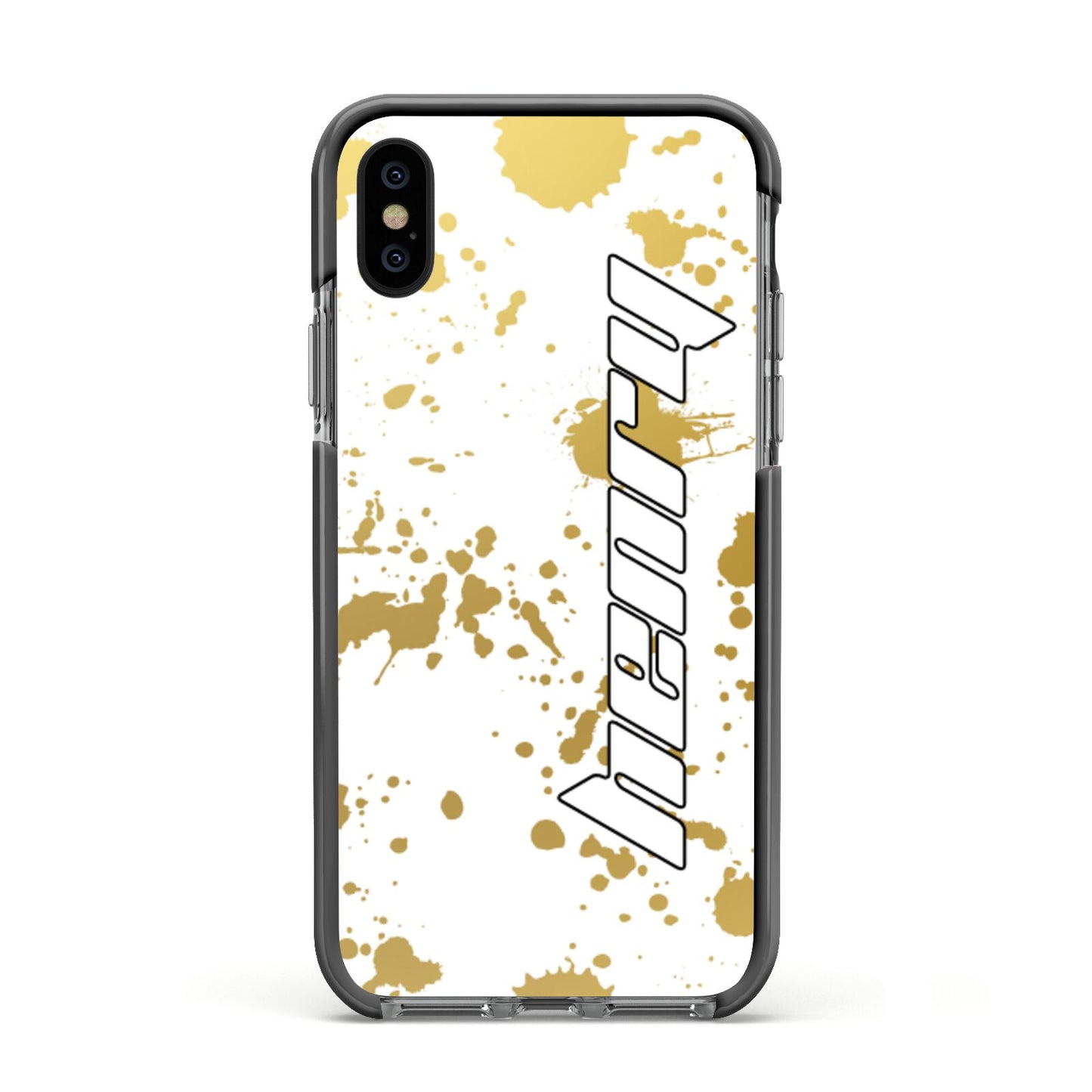 Personalised Gold Ink Splash Apple iPhone Xs Impact Case Black Edge on Black Phone
