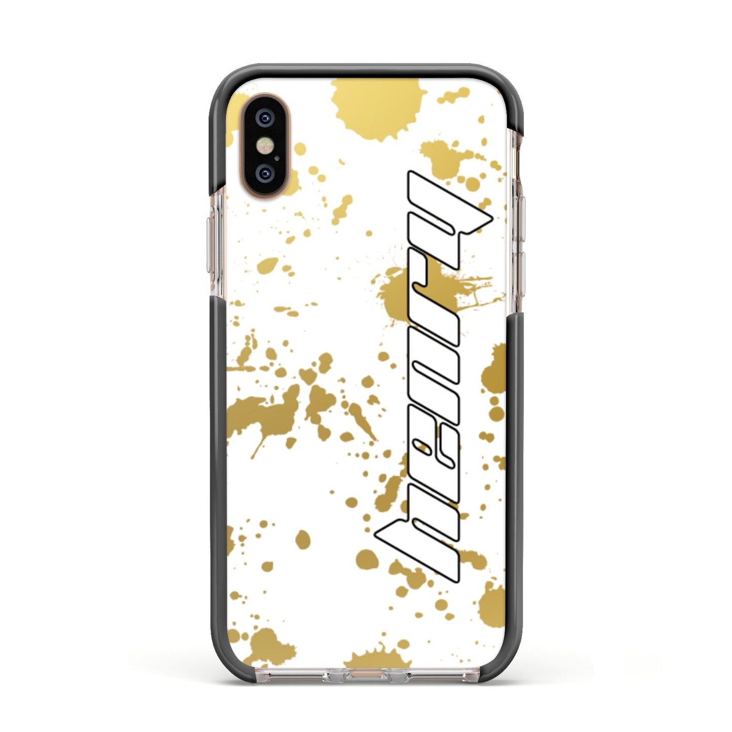 Personalised Gold Ink Splash Apple iPhone Xs Impact Case Black Edge on Gold Phone