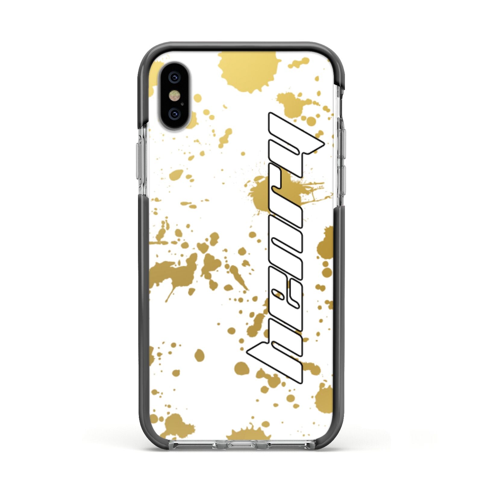 Personalised Gold Ink Splash Apple iPhone Xs Impact Case Black Edge on Silver Phone