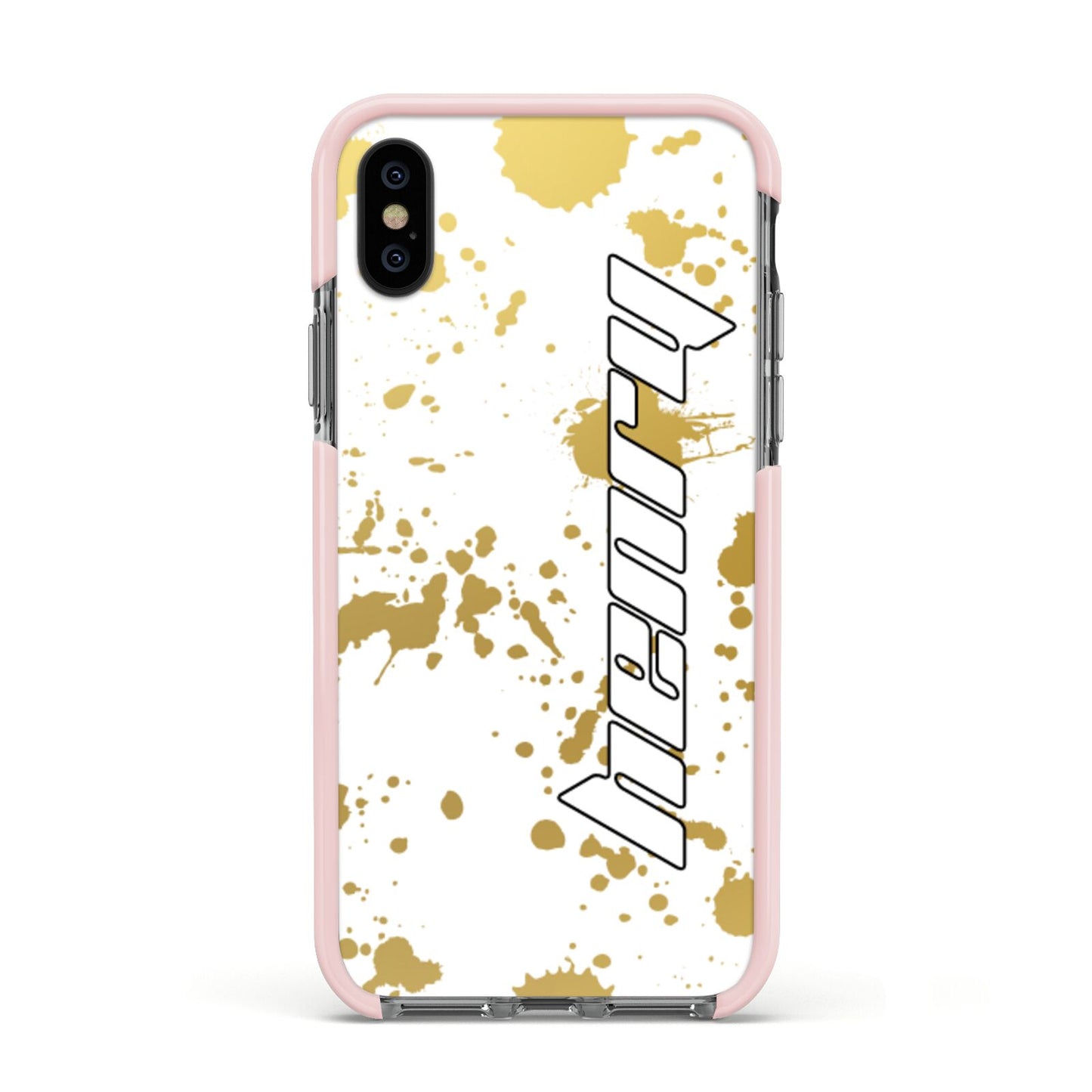 Personalised Gold Ink Splash Apple iPhone Xs Impact Case Pink Edge on Black Phone
