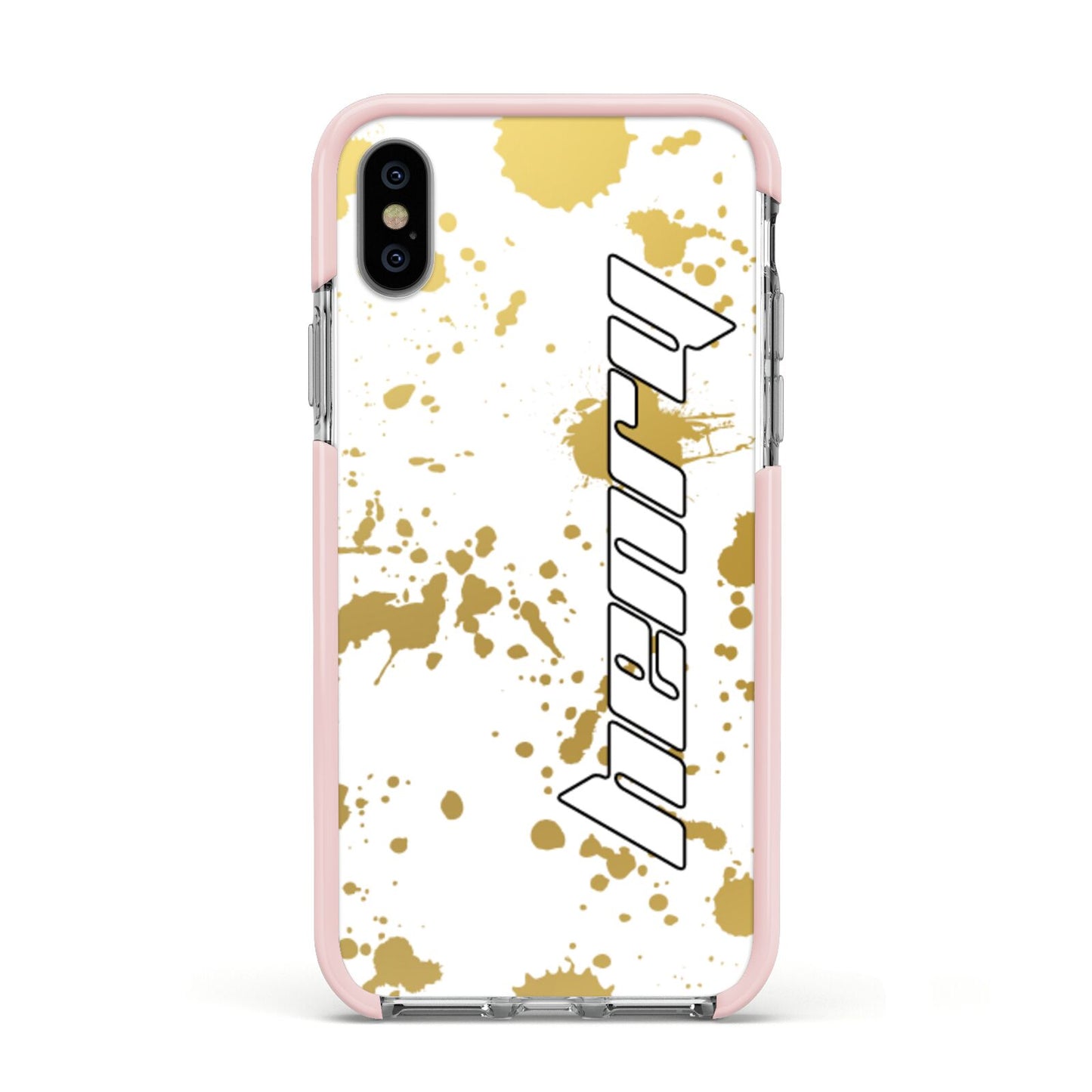 Personalised Gold Ink Splash Apple iPhone Xs Impact Case Pink Edge on Silver Phone