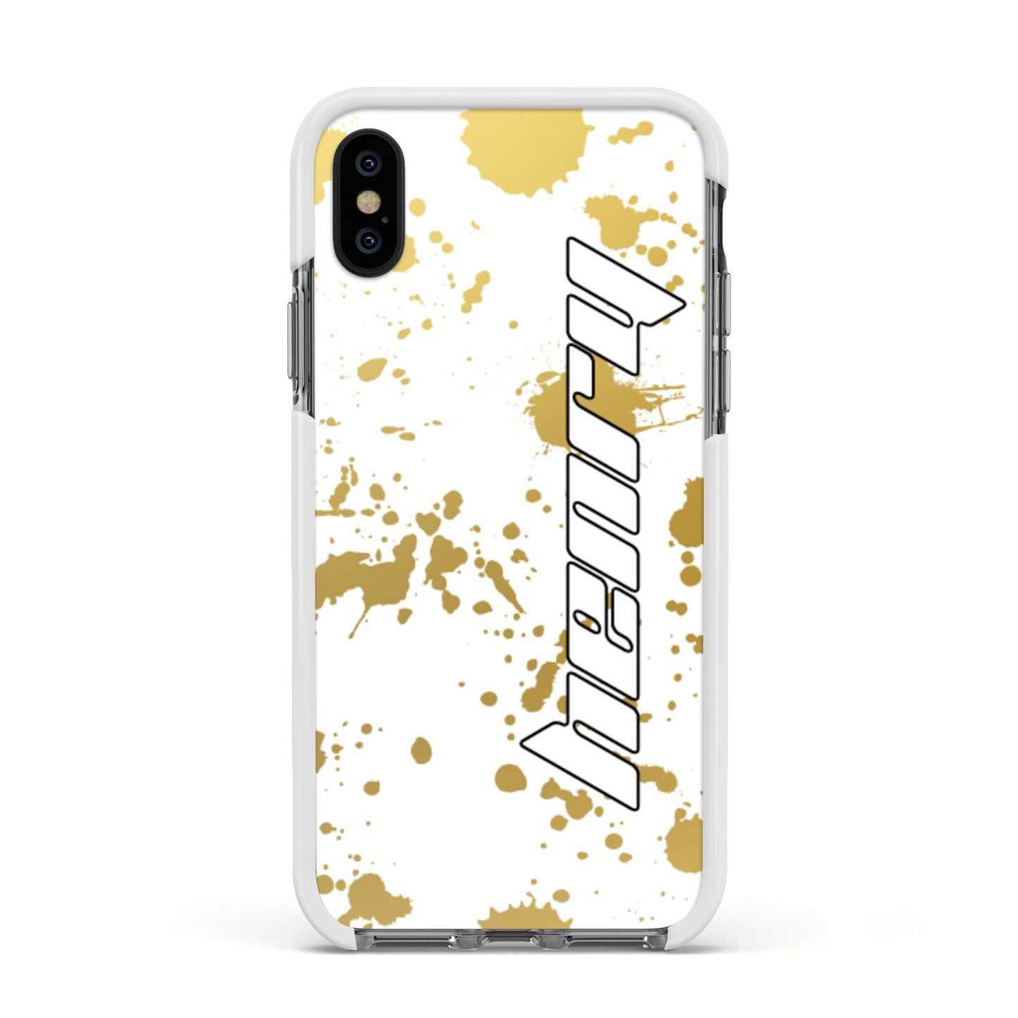 Personalised Gold Ink Splash Apple iPhone Xs Impact Case White Edge on Black Phone