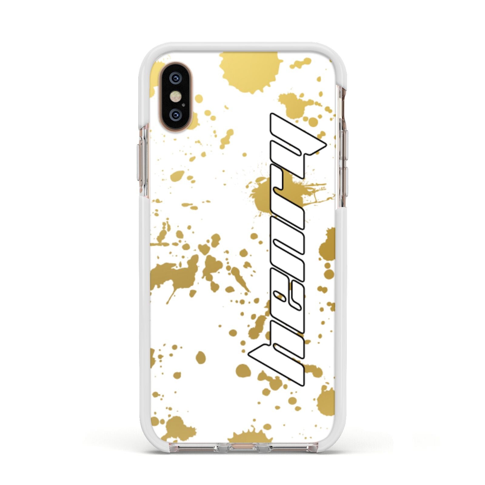 Personalised Gold Ink Splash Apple iPhone Xs Impact Case White Edge on Gold Phone