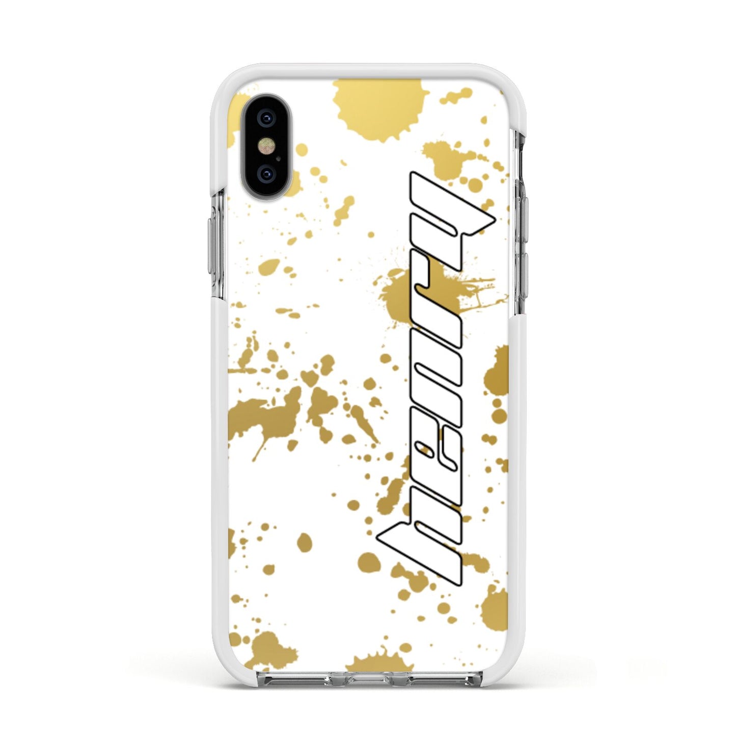 Personalised Gold Ink Splash Apple iPhone Xs Impact Case White Edge on Silver Phone