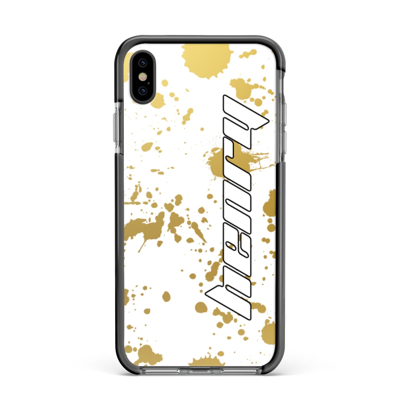 Personalised Gold Ink Splash Apple iPhone Xs Max Impact Case Black Edge on Black Phone