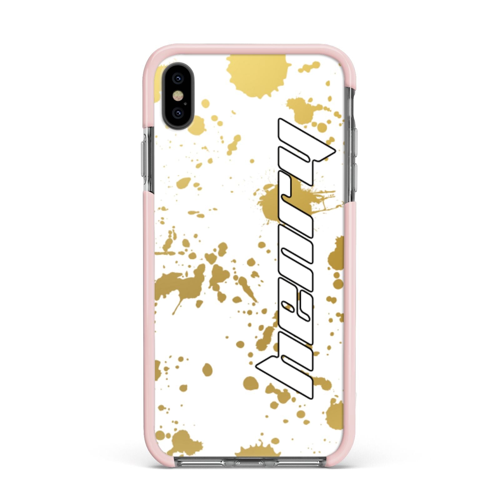 Personalised Gold Ink Splash Apple iPhone Xs Max Impact Case Pink Edge on Black Phone