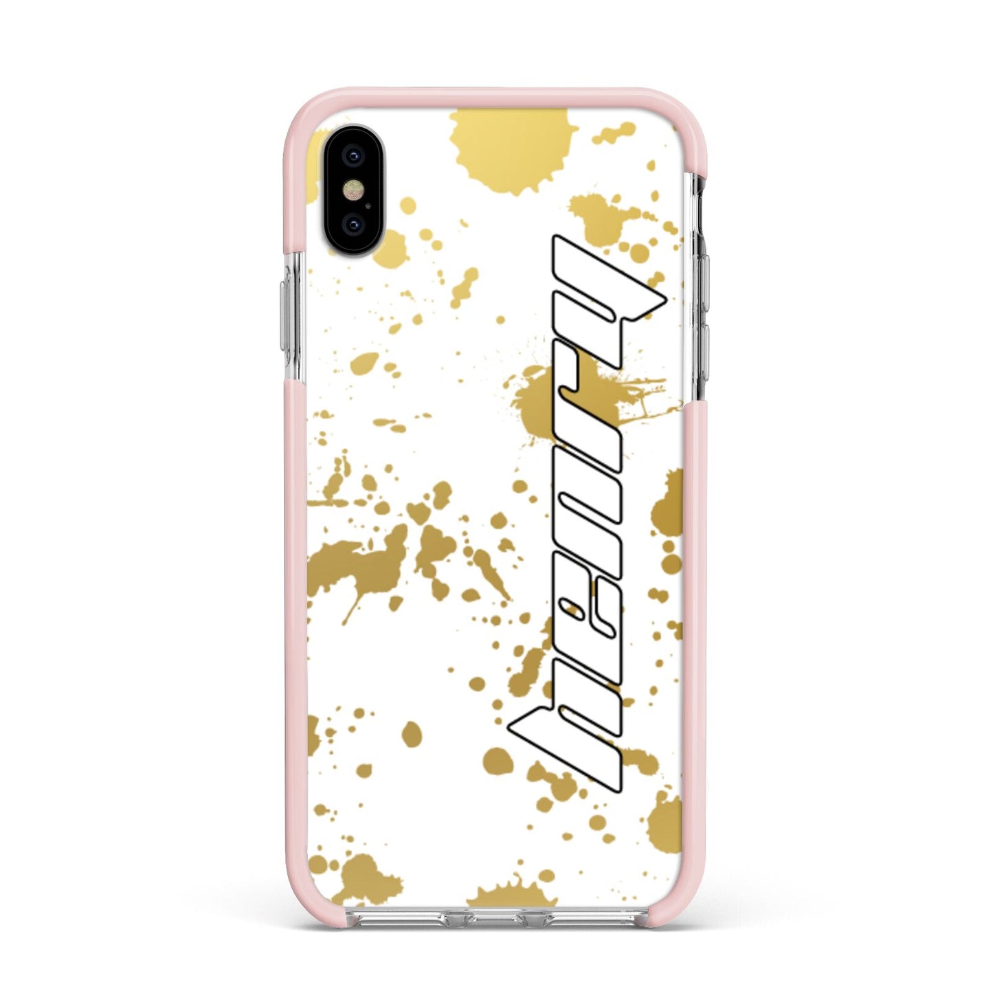 Personalised Gold Ink Splash Apple iPhone Xs Max Impact Case Pink Edge on Silver Phone