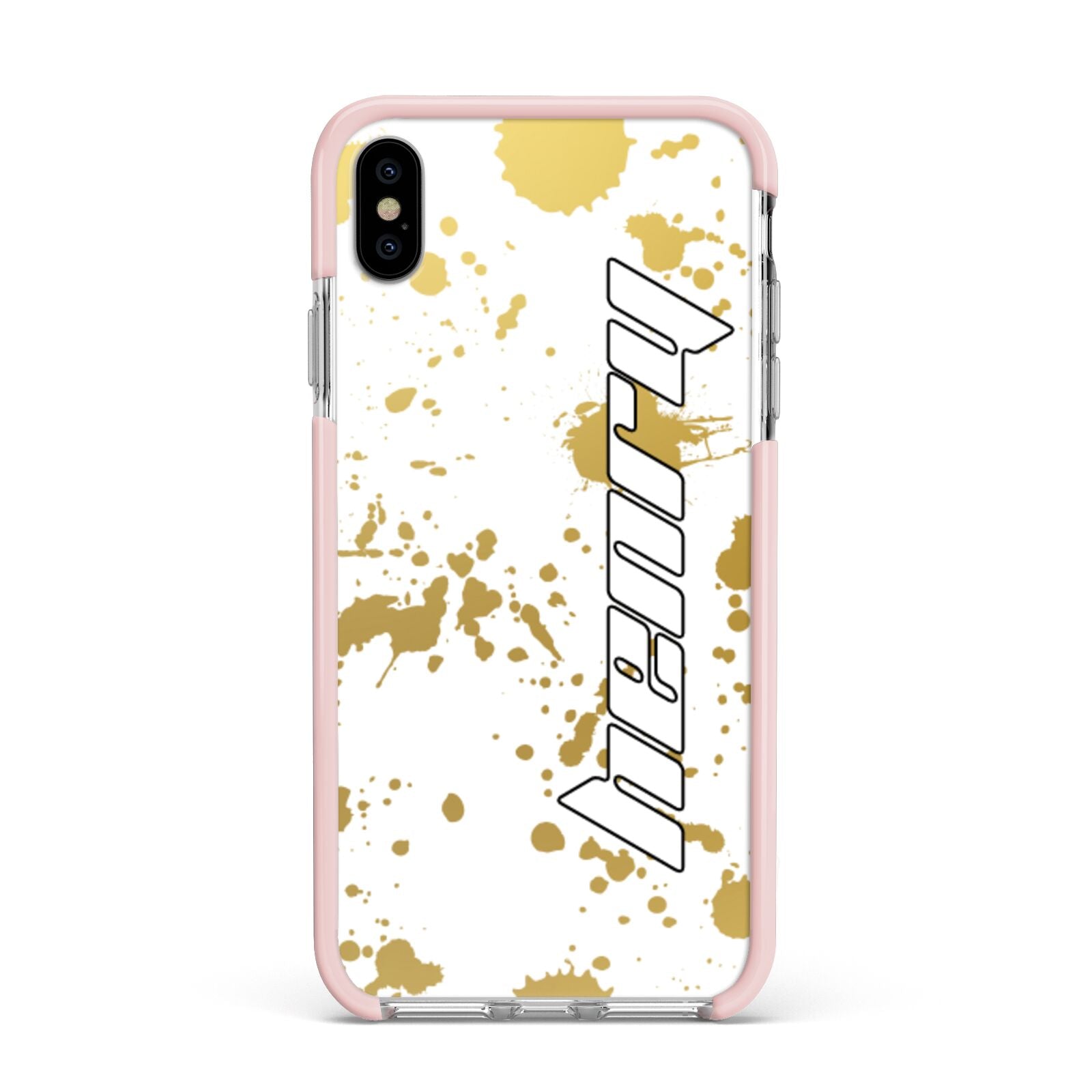 Personalised Gold Ink Splash Apple iPhone Xs Max Impact Case Pink Edge on Silver Phone