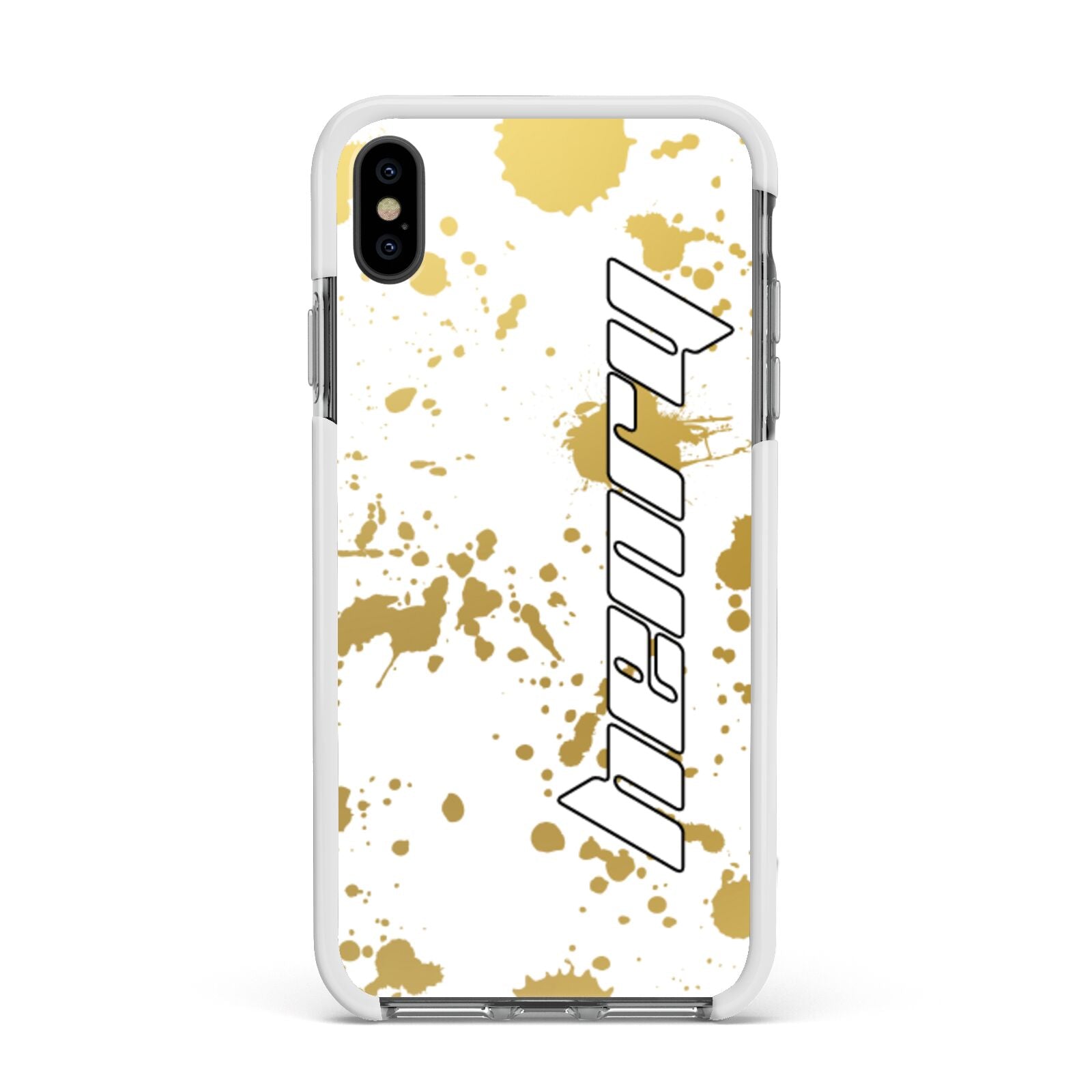 Personalised Gold Ink Splash Apple iPhone Xs Max Impact Case White Edge on Black Phone